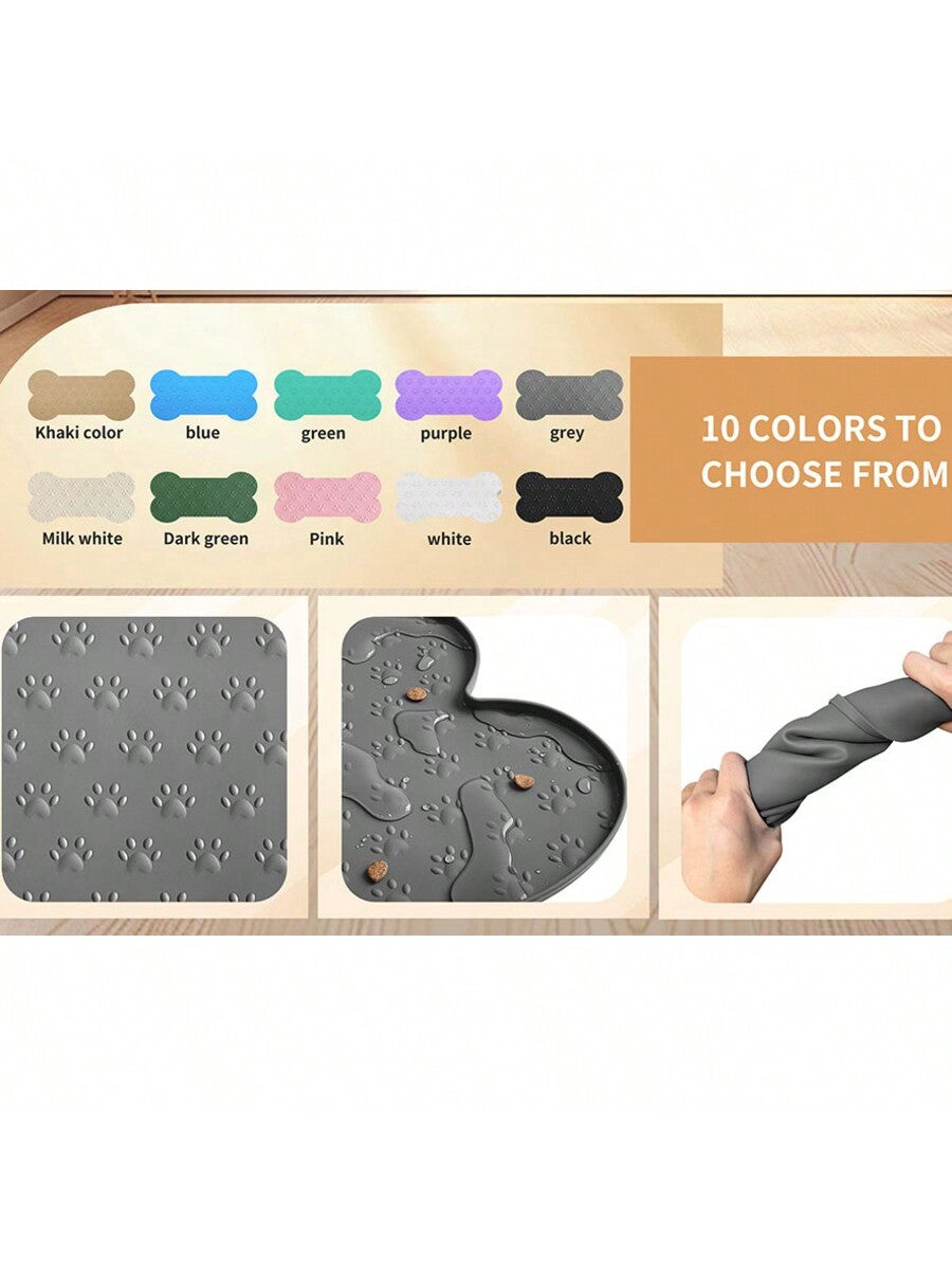 Multicolor bone-shaped silicone pet feeding mat with high spill-proof edge for cat and dog food and water bowls.