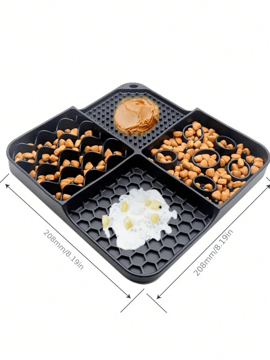 Multicolor silicone lick mat with suction cup for dogs and cats featuring geometric, plant, and animal patterns.