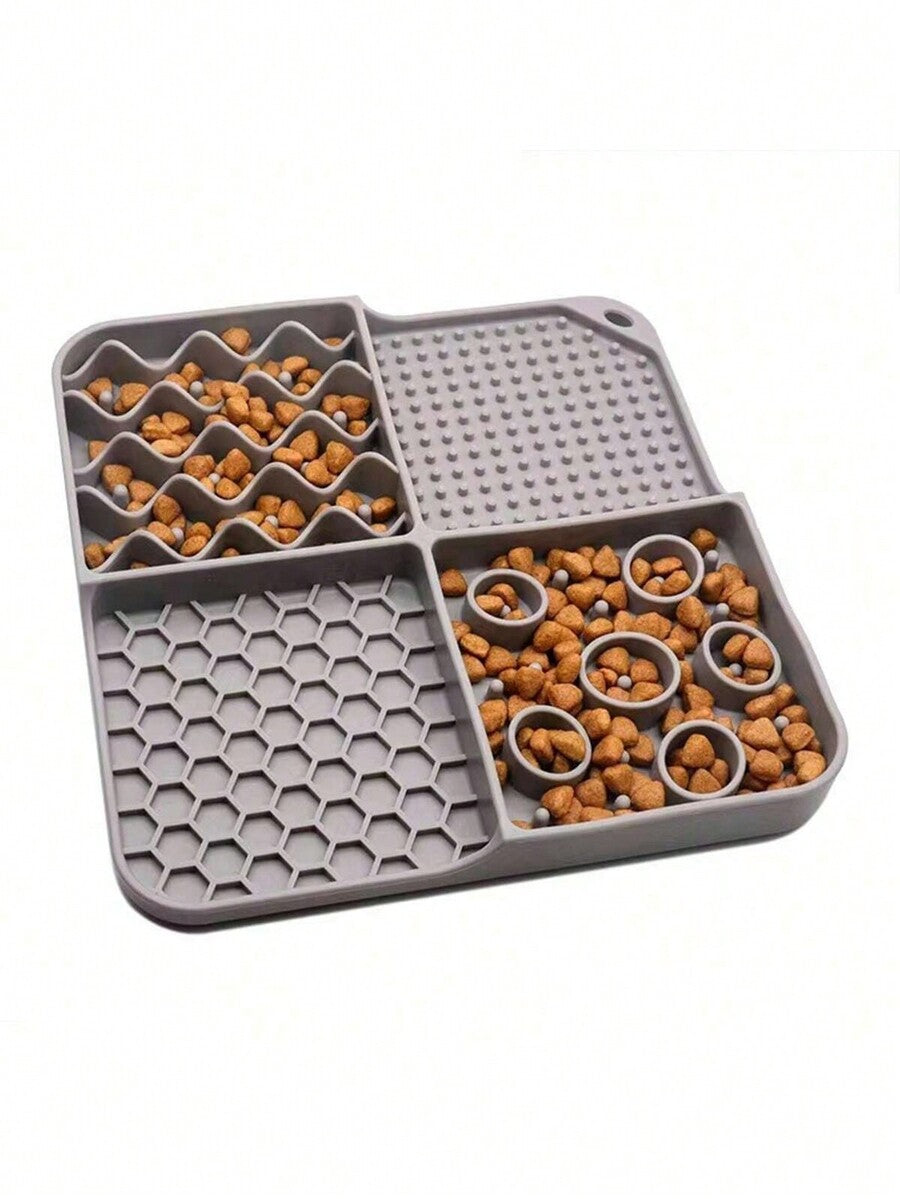 Multicolor silicone lick mat with suction cup for dogs and cats featuring geometric, plant, and animal patterns.