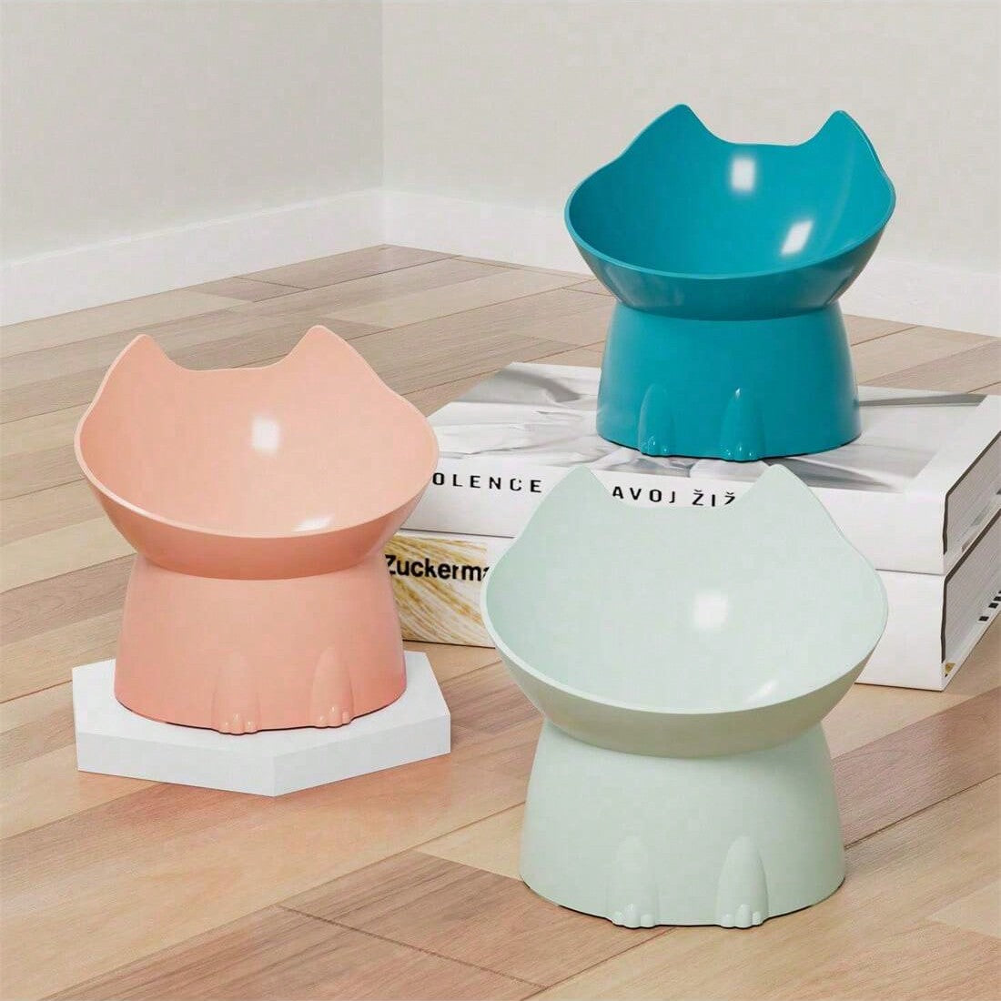 New Pet Cat High Foot Bowls, Protect Neck Vertebra, Spill-Proof Plastic Slanted Cat/Dog Food Feeder Dishes