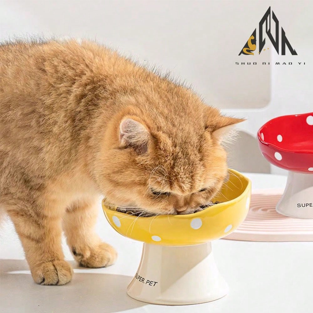 shuo ni mao yi Cat Bowl Ceramic Cat Food Bowl Dog Bowl Food Bowl Cat Bowl Rice Bowl High Footed Dog Drinking Bowl Diagonal Mouth Large Bowl Pet Specific
