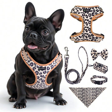 Brown adjustable dog and cat outdoor travel set with harness, leash, collar, bow tie, flag, and poop bag holder