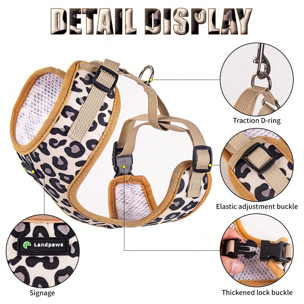 Brown adjustable dog and cat outdoor travel set with harness, leash, collar, bow tie, flag, and poop bag holder