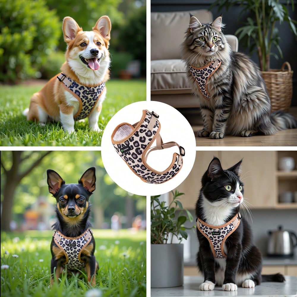 Brown adjustable dog and cat outdoor travel set with harness, leash, collar, bow tie, flag, and poop bag holder