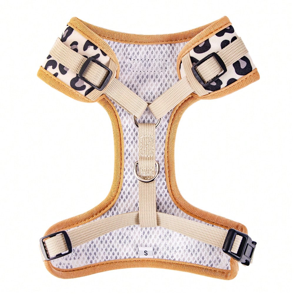Brown adjustable dog and cat outdoor travel set with harness, leash, collar, bow tie, flag, and poop bag holder