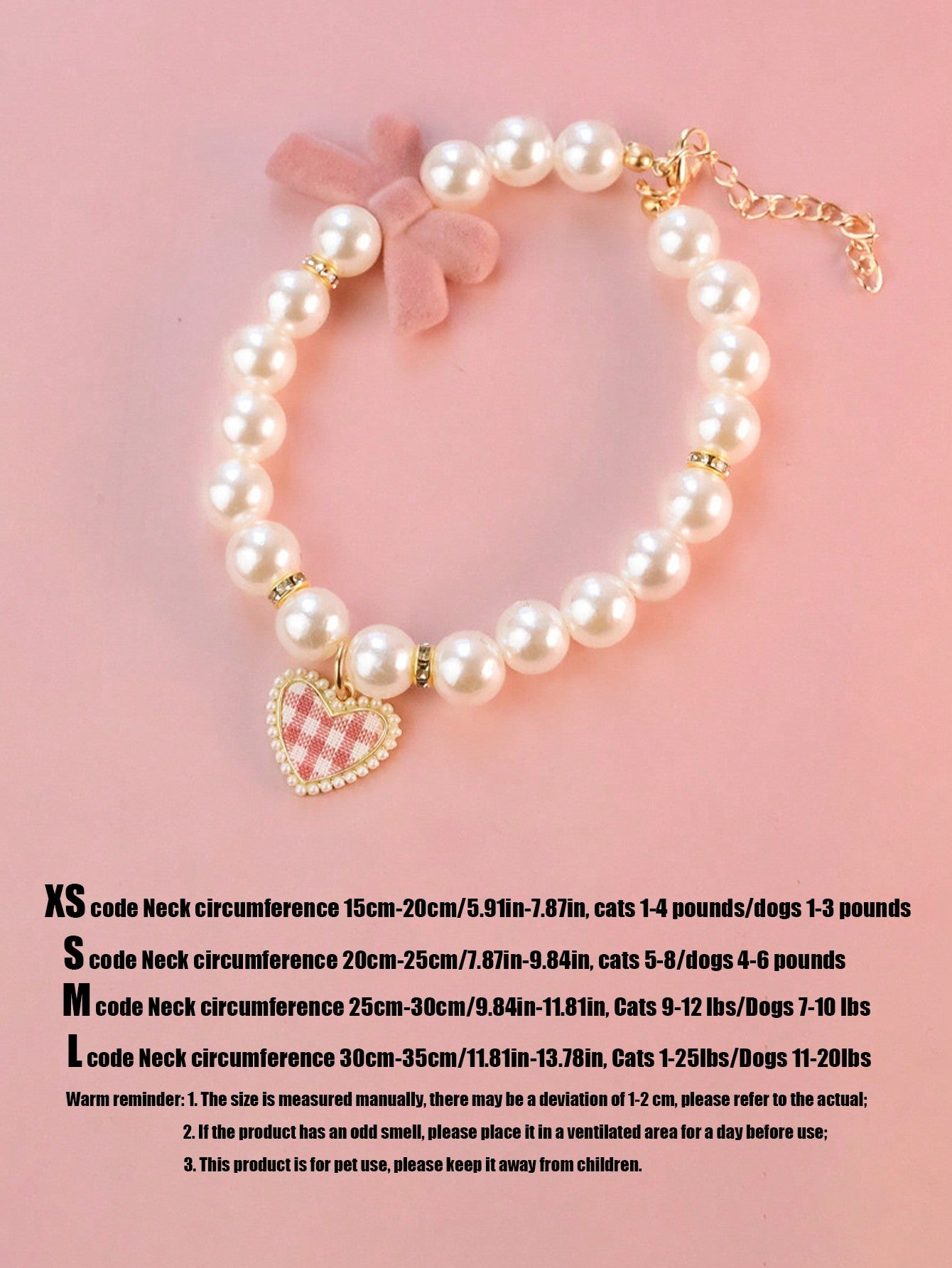 Pink adjustable pet pearl necklace collar with bowknot and heart-shaped pendant for cats and dogs