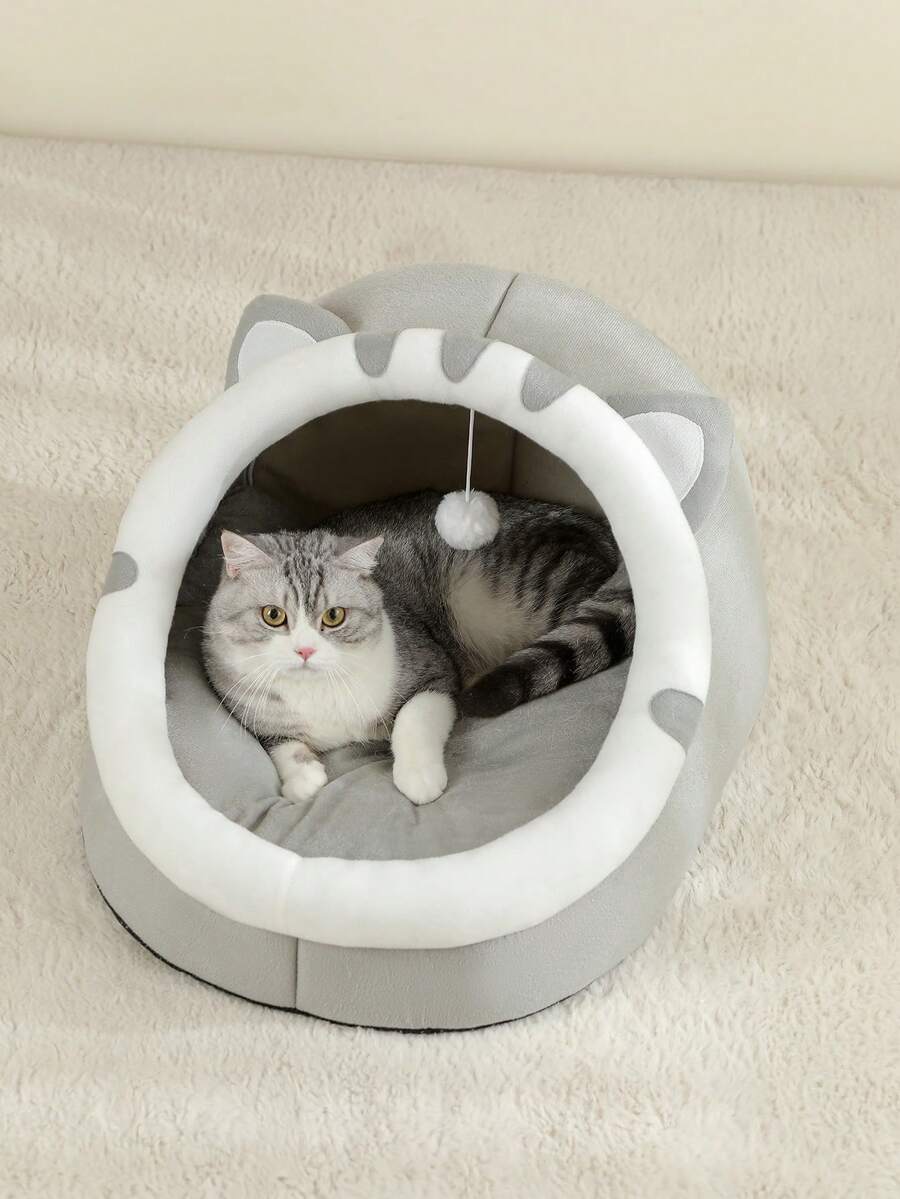 Grey soft cat bed house and breathable sleeping basket made of 100% polyester for indoor cats.