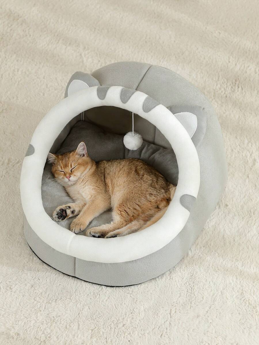 Grey soft cat bed house featuring a cartoon design made from breathable polyester material for pet sleeping