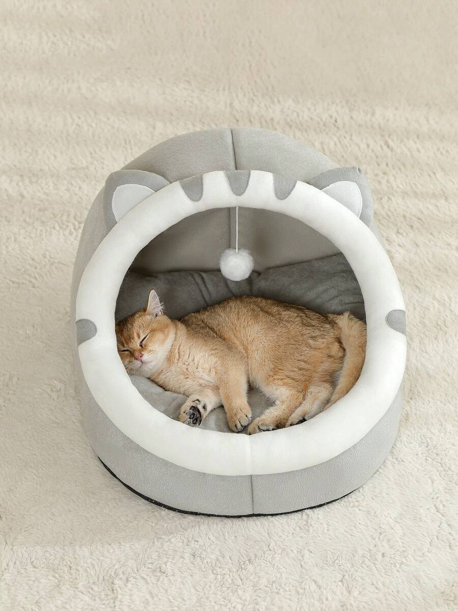 Grey soft cat bed house and breathable sleeping basket made of 100% polyester for indoor cats.