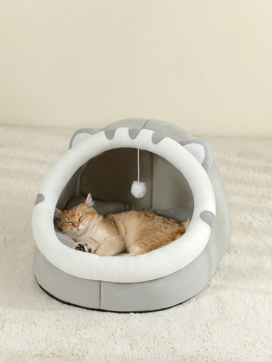 Grey soft cat bed house featuring a cartoon design made from breathable polyester material for pet sleeping