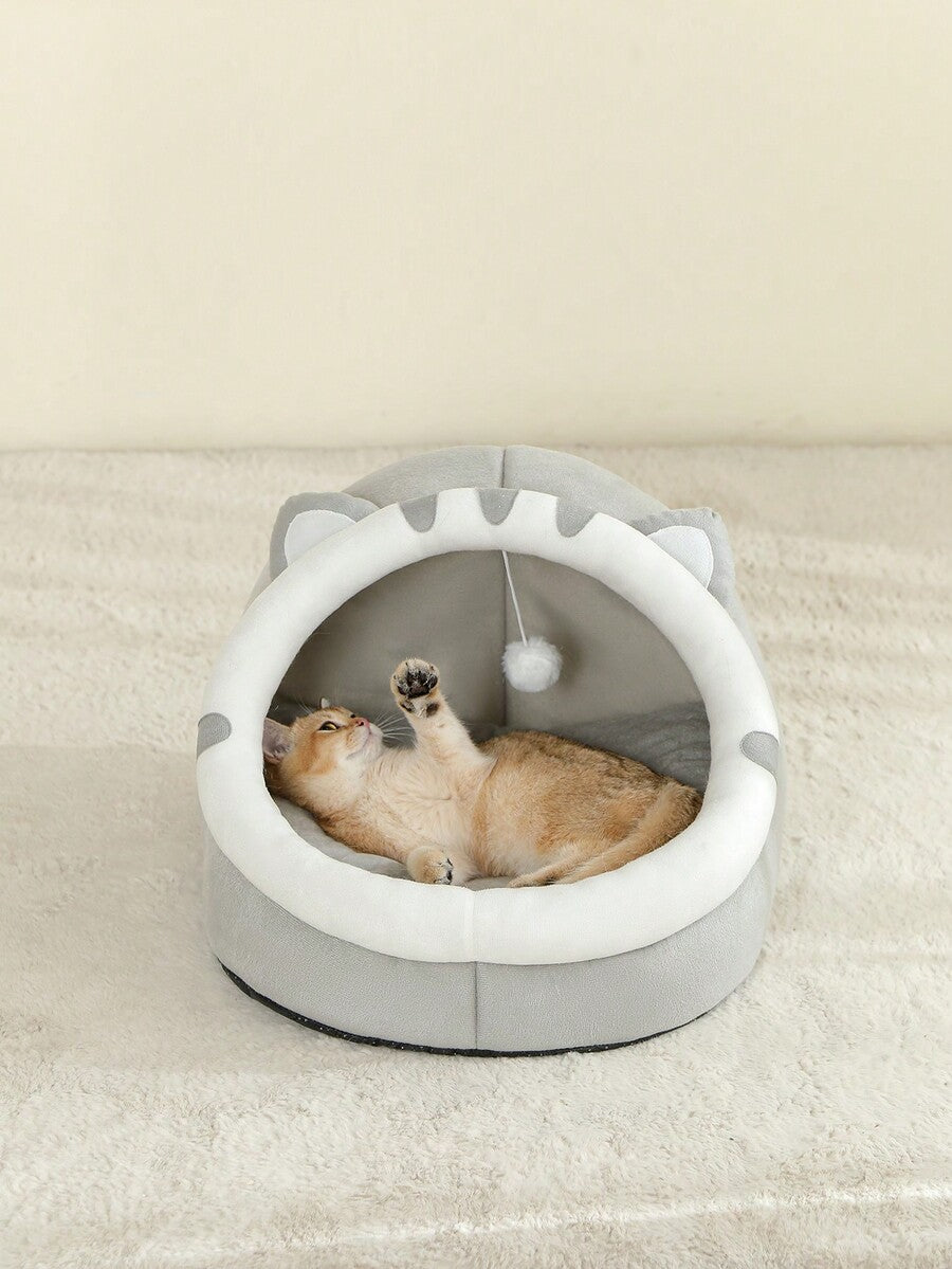 Grey soft cat bed house and breathable sleeping basket made of 100% polyester for indoor cats.