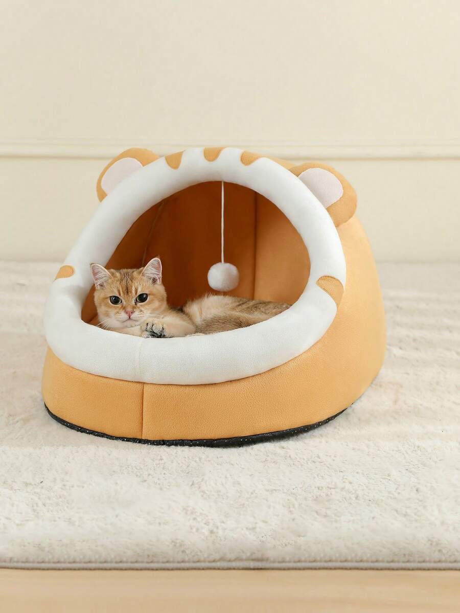 Grey soft cat bed house featuring a cartoon design made from breathable polyester material for pet sleeping
