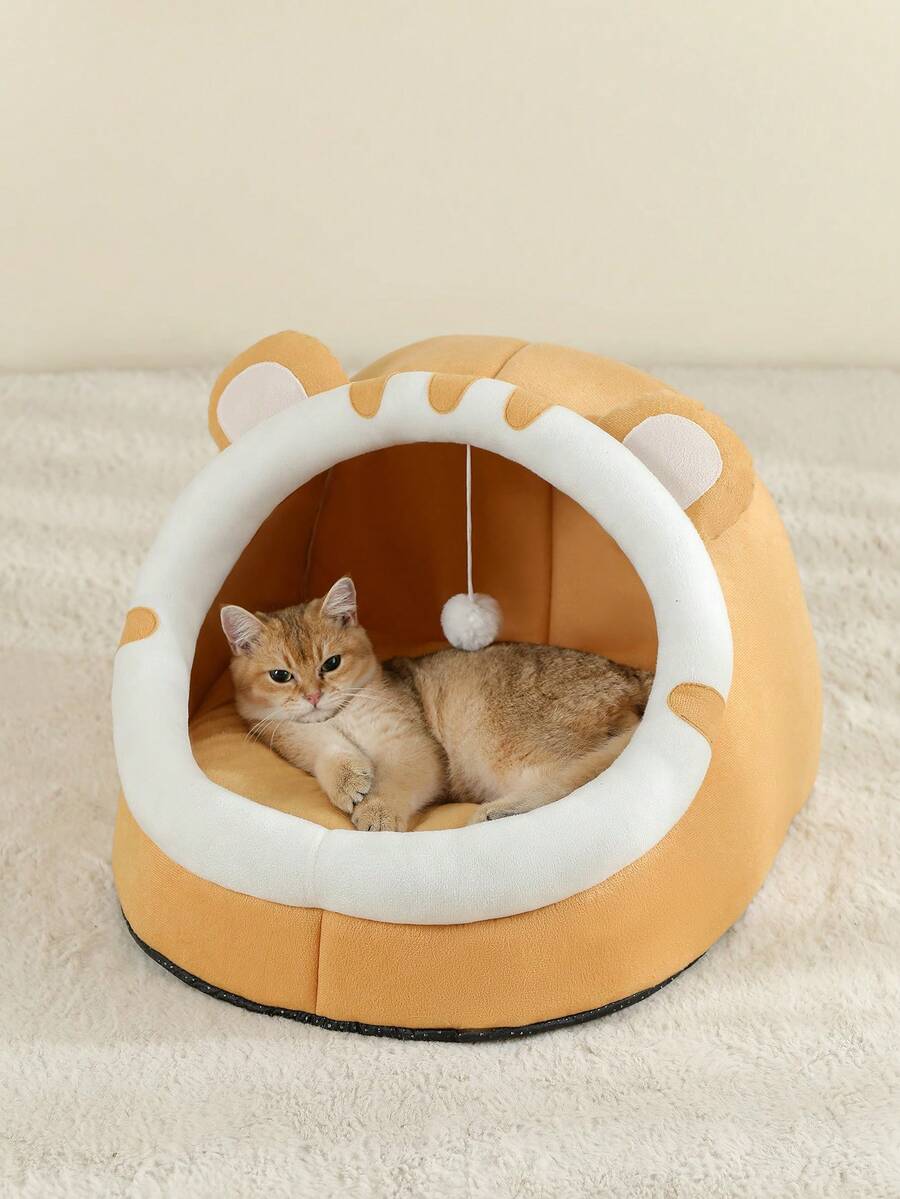 Grey soft cat bed house featuring a cartoon design made from breathable polyester material for pet sleeping