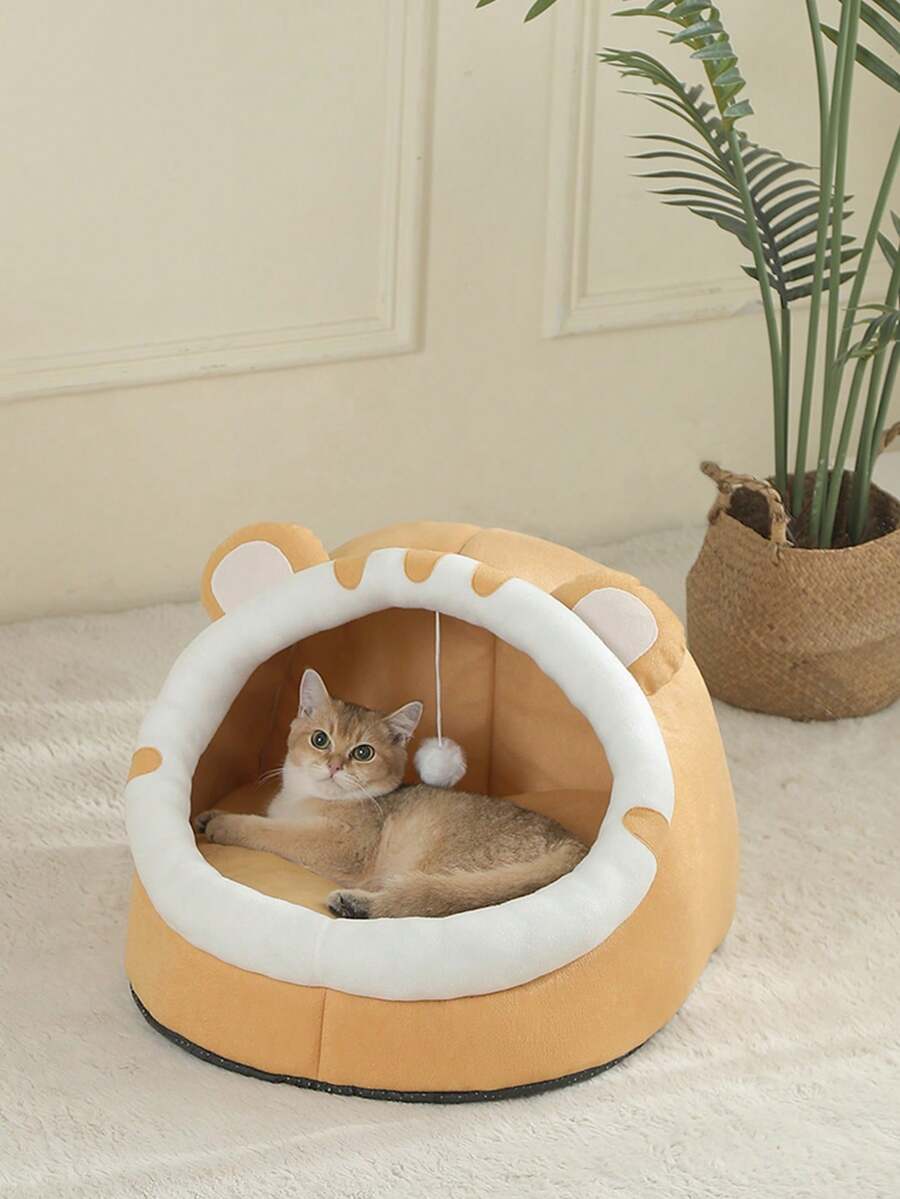 Grey soft cat bed house featuring a cartoon design made from breathable polyester material for pet sleeping