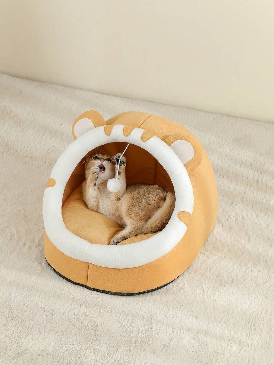 Grey soft cat bed house featuring a cartoon design made from breathable polyester material for pet sleeping