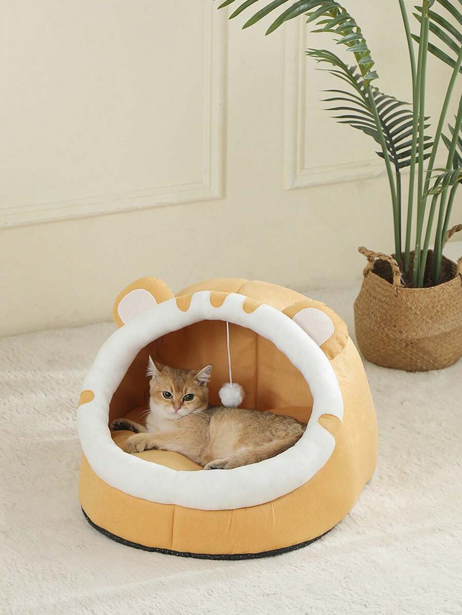 Grey soft cat bed house featuring a cartoon design made from breathable polyester material for pet sleeping
