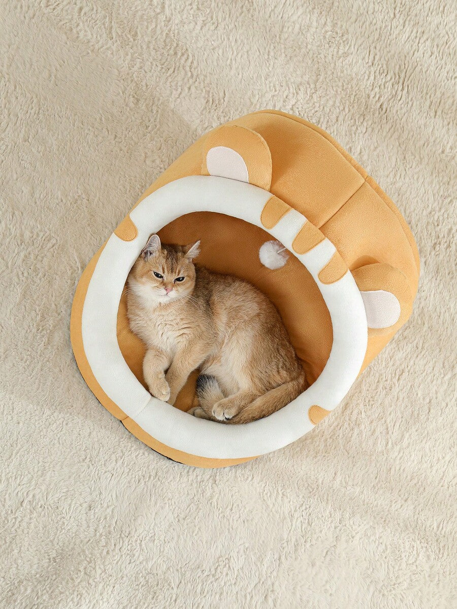 Grey soft cat bed house featuring a cartoon design made from breathable polyester material for pet sleeping