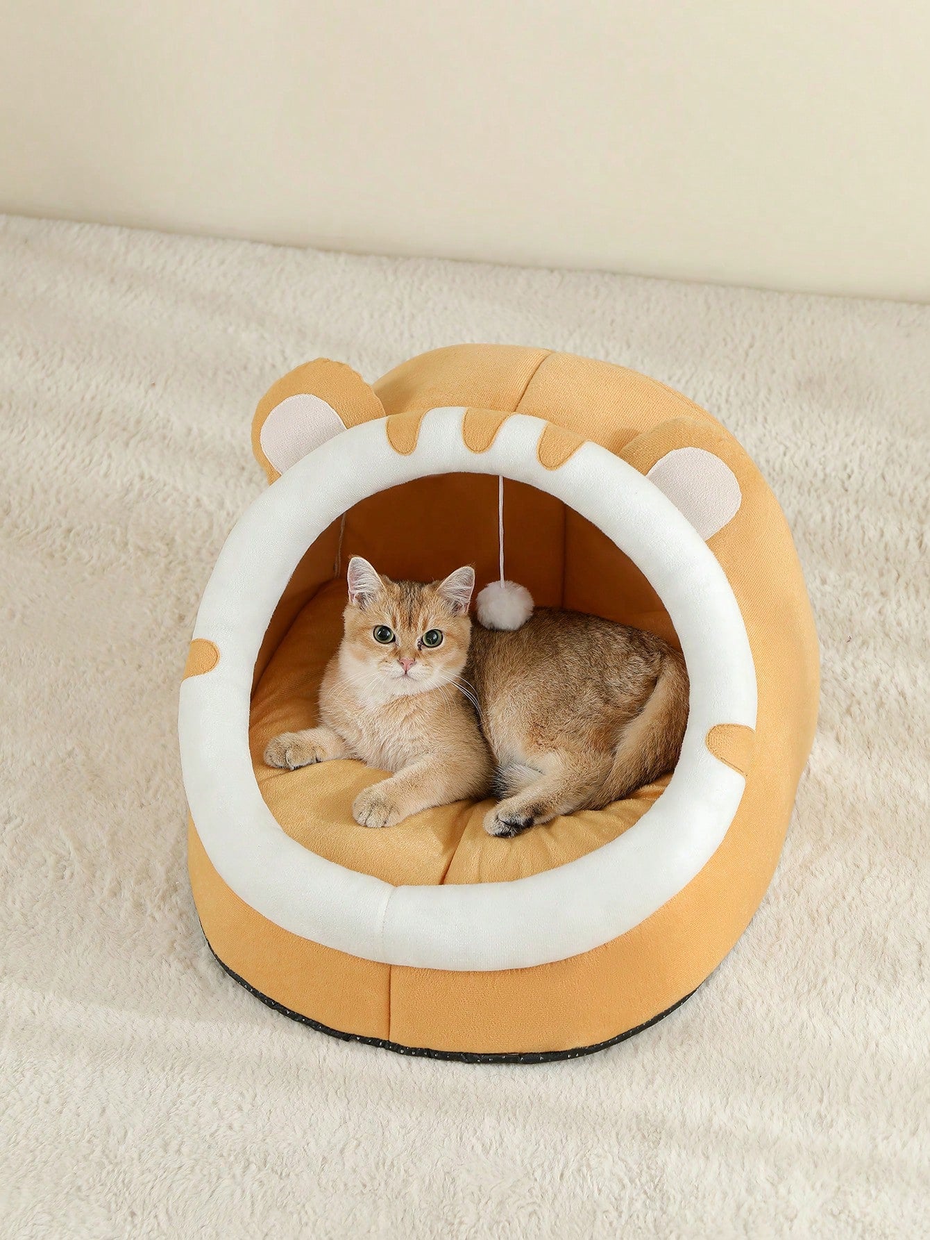 Grey soft cat bed house featuring a cartoon design made from breathable polyester material for pet sleeping