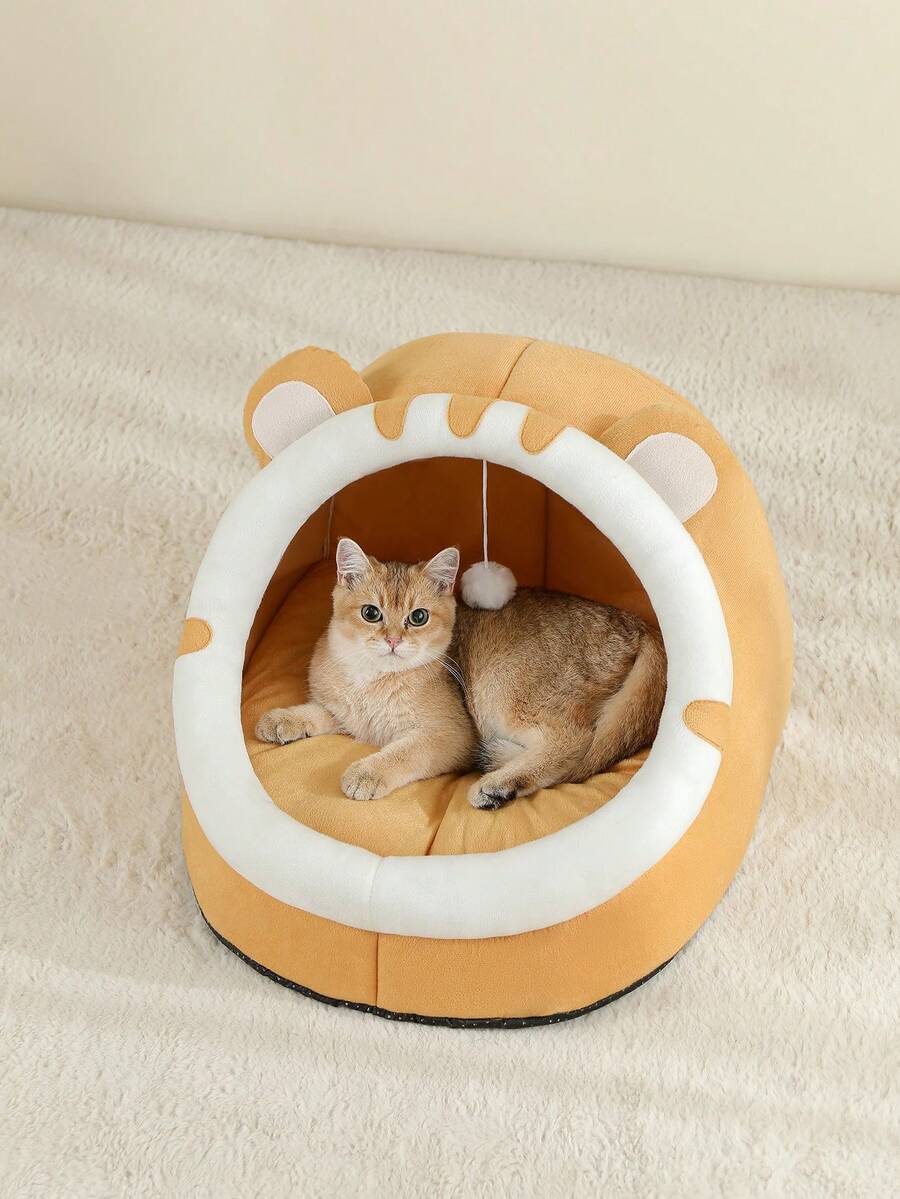 Grey soft cat bed house featuring a cartoon design made from breathable polyester material for pet sleeping