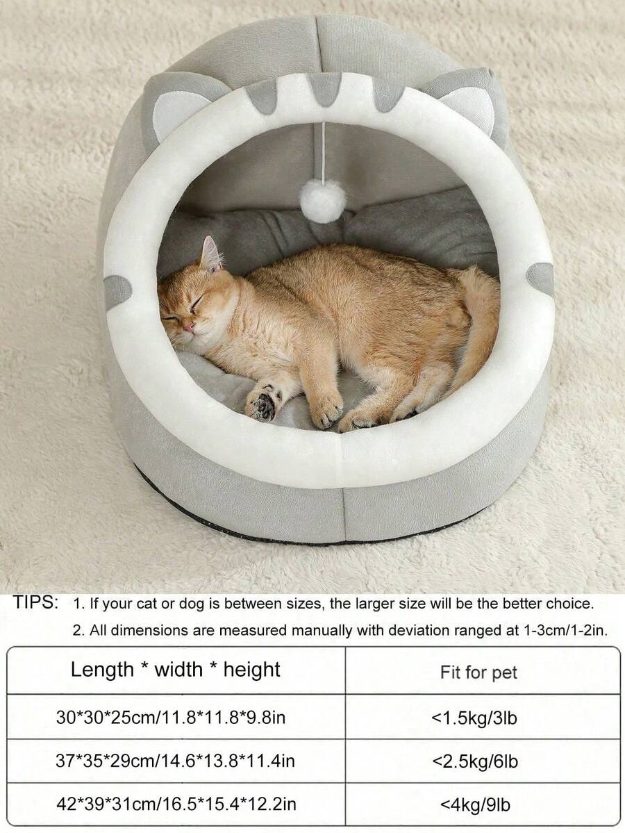Grey soft cat bed house featuring a cartoon design made from breathable polyester material for pet sleeping