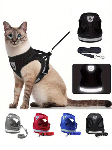 Multicolor reflective polyester vest harness and leash set for cats and dogs with brush and foldable food bowl for outdoor walking and travel