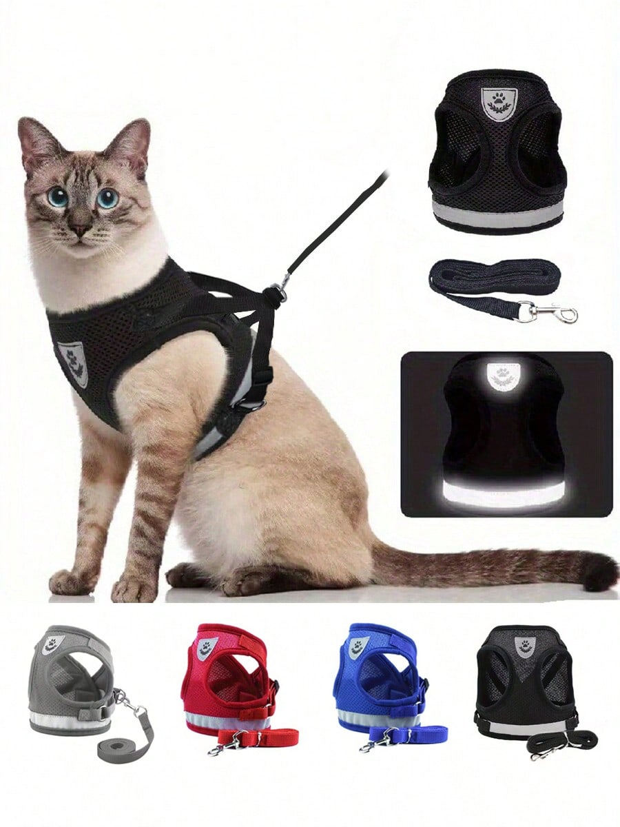Multicolor reflective polyester vest harness and leash set for cats and dogs with brush and foldable food bowl for outdoor walking and travel