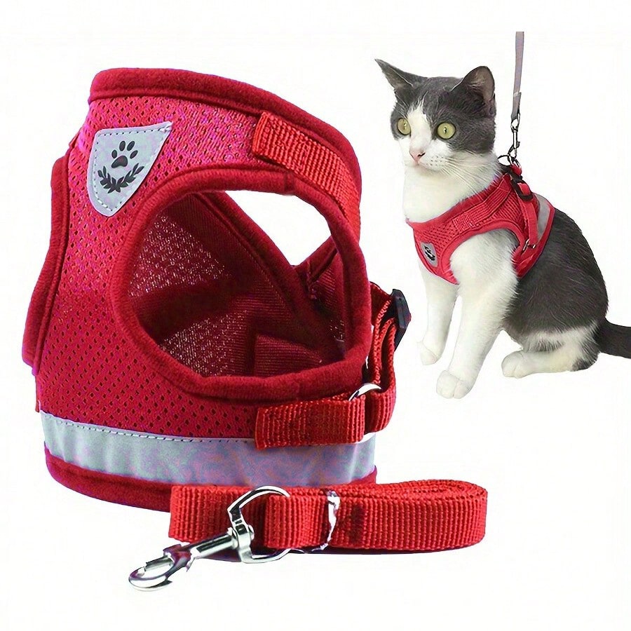 Multicolor reflective polyester vest harness and leash set for cats and dogs with brush and foldable food bowl for outdoor walking and travel