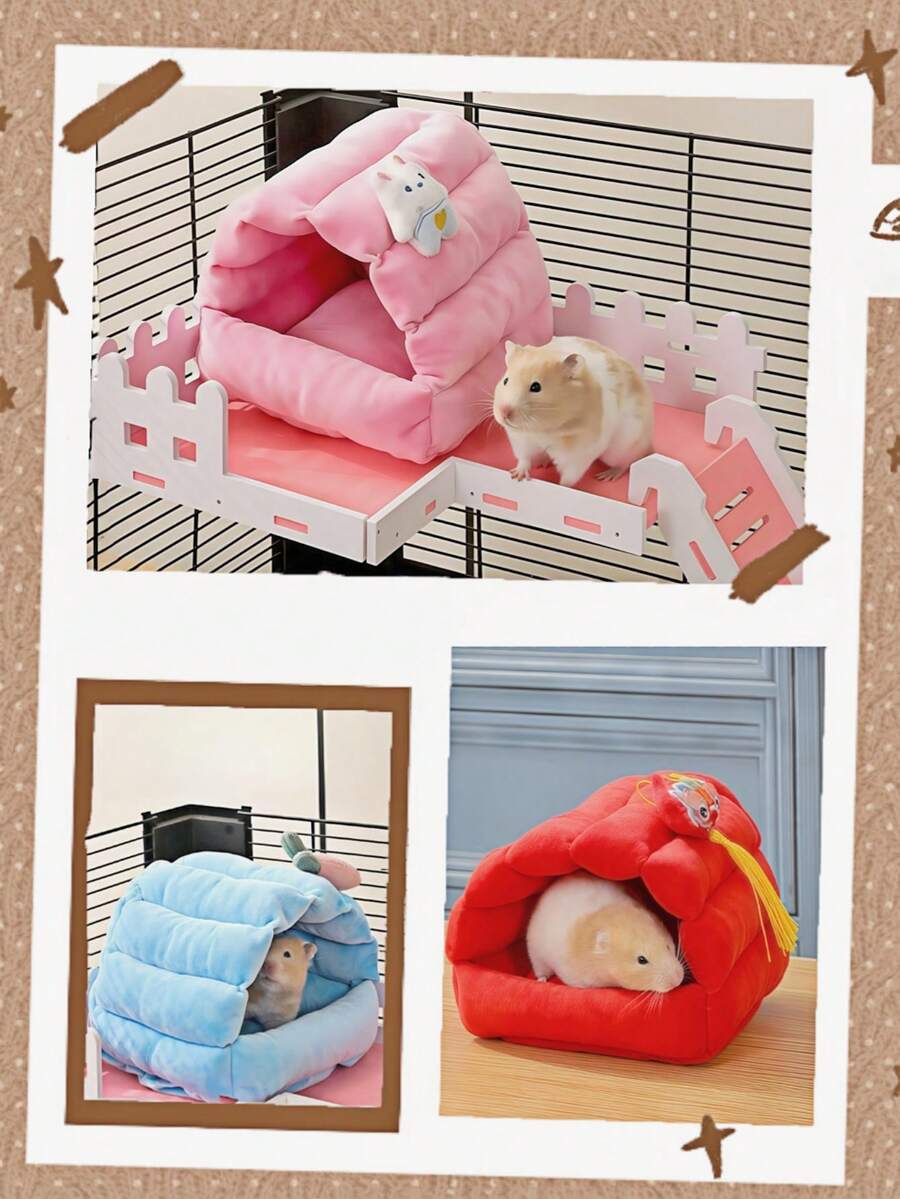Multicolor flower branch print hamster hammock and heating pet nest bed hanging inside a cage for small pets like hamsters, squirrels, and hedgehogs.