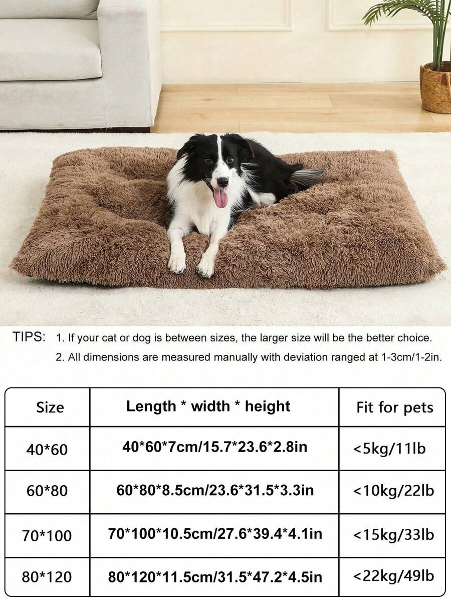 Brown plaid fluffy dog bed and pet mat with slip-resistant bottom for dogs and cats