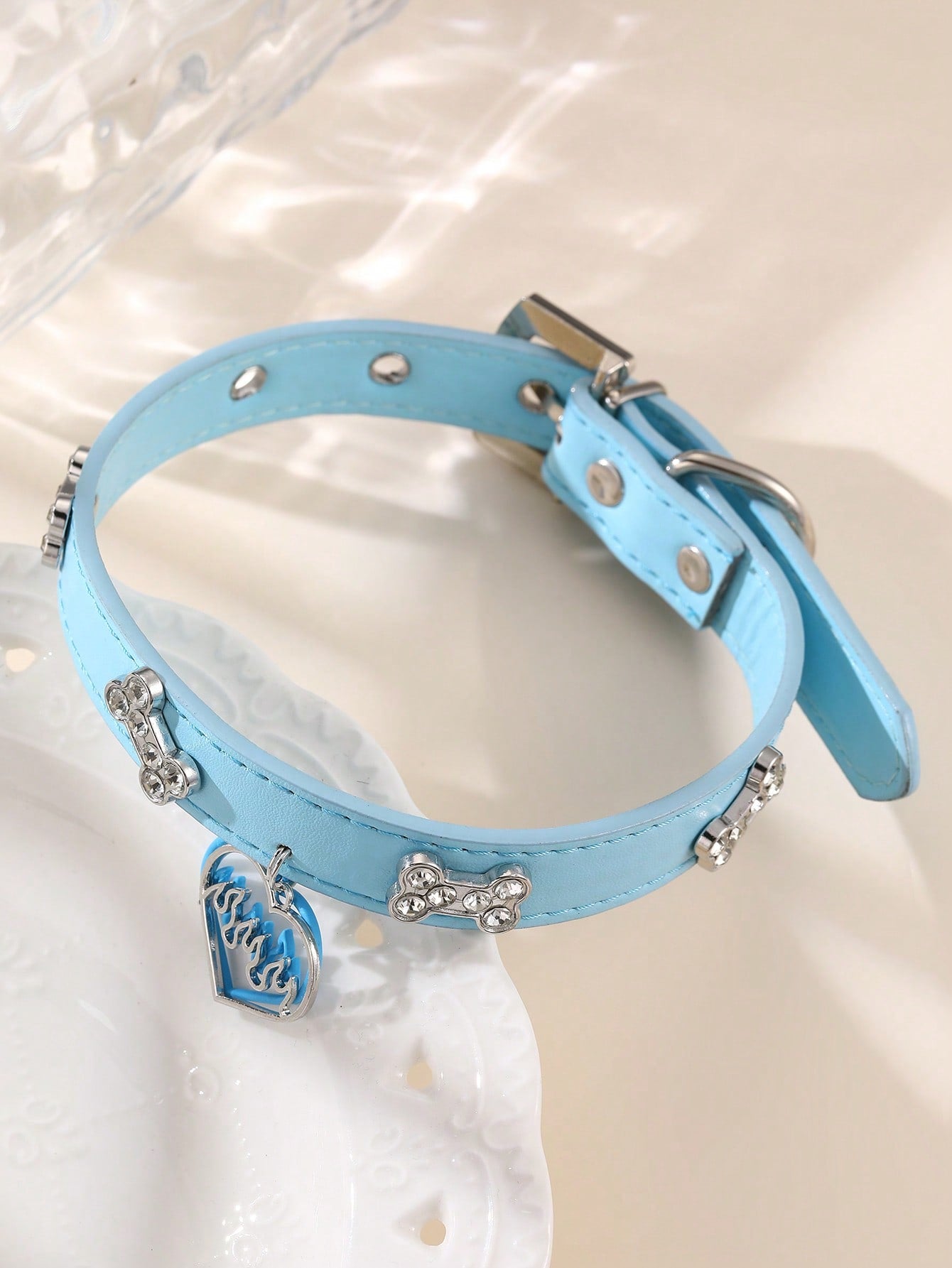 Mint blue colorblock PU pet collar necklace with bone and heart decorations and leash clip for cats and dogs