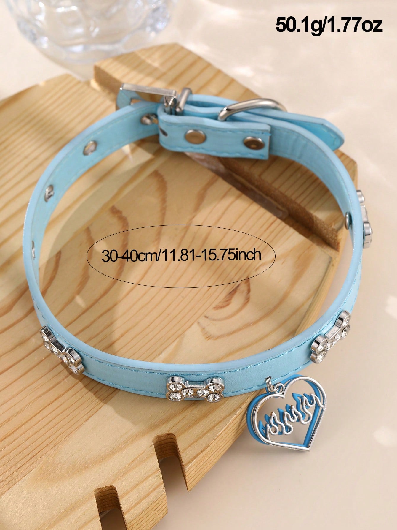 Mint blue colorblock PU pet collar necklace with bone and heart decorations and leash clip for cats and dogs