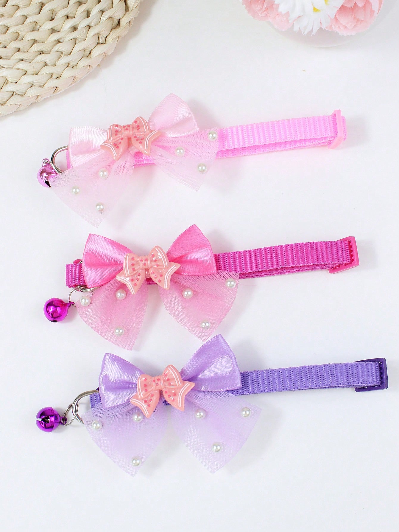 Multicolor polyester pet collar with a shiny bow and bell for cats and dogs