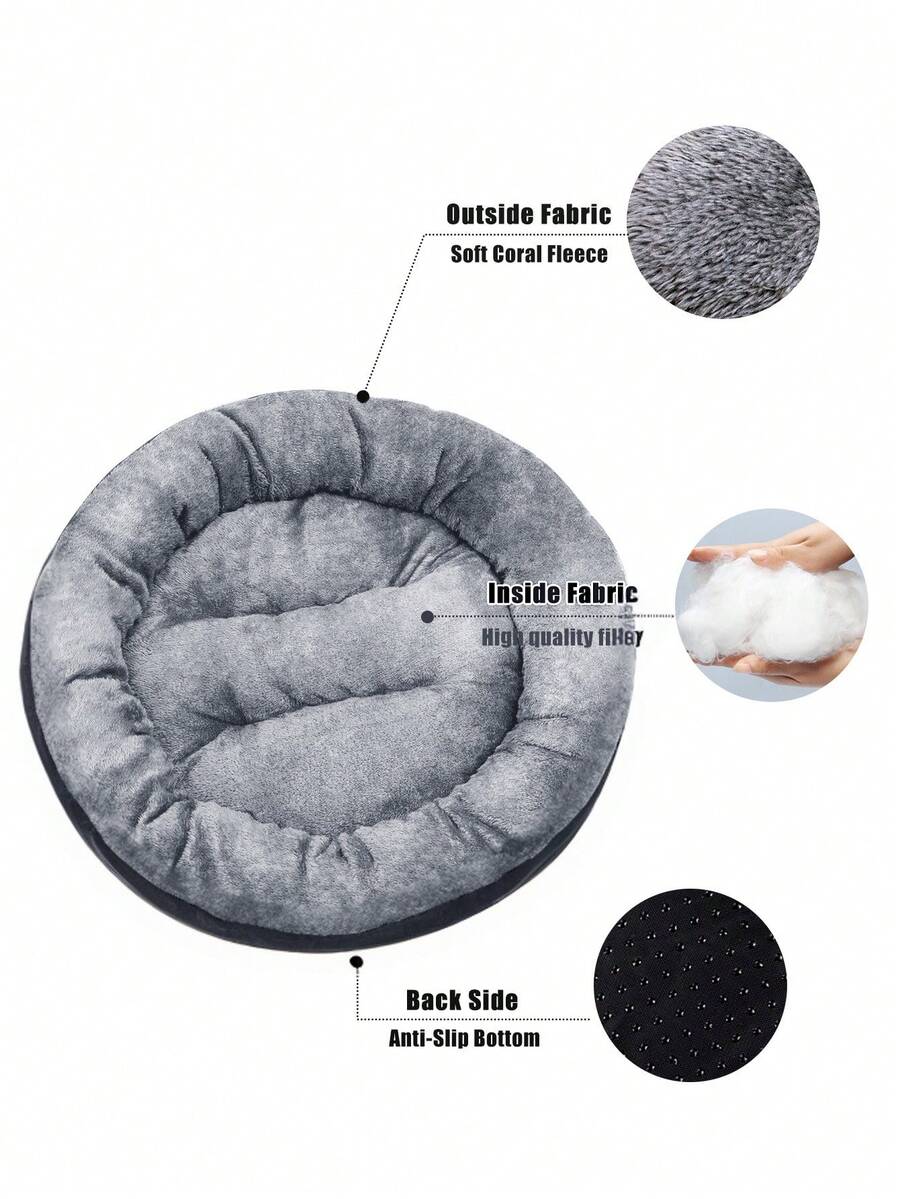 Dark grey plush donut calming pet bed for cats and dogs featuring a soft round design and non-slip bottom.