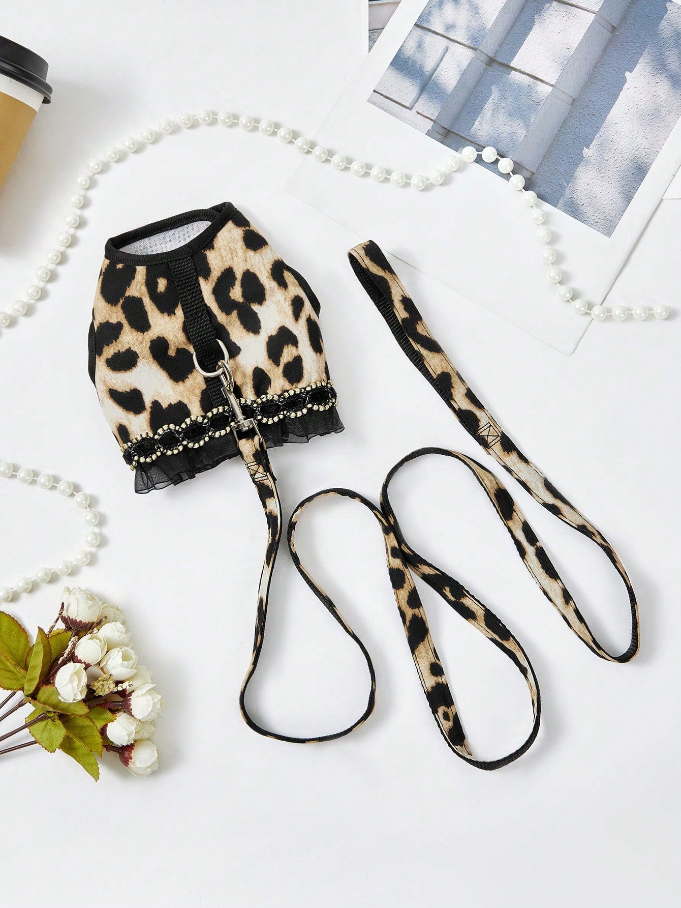 Multicolor leopard print lace edged bra cup style pet collar and leash set for cats and dogs in polyester