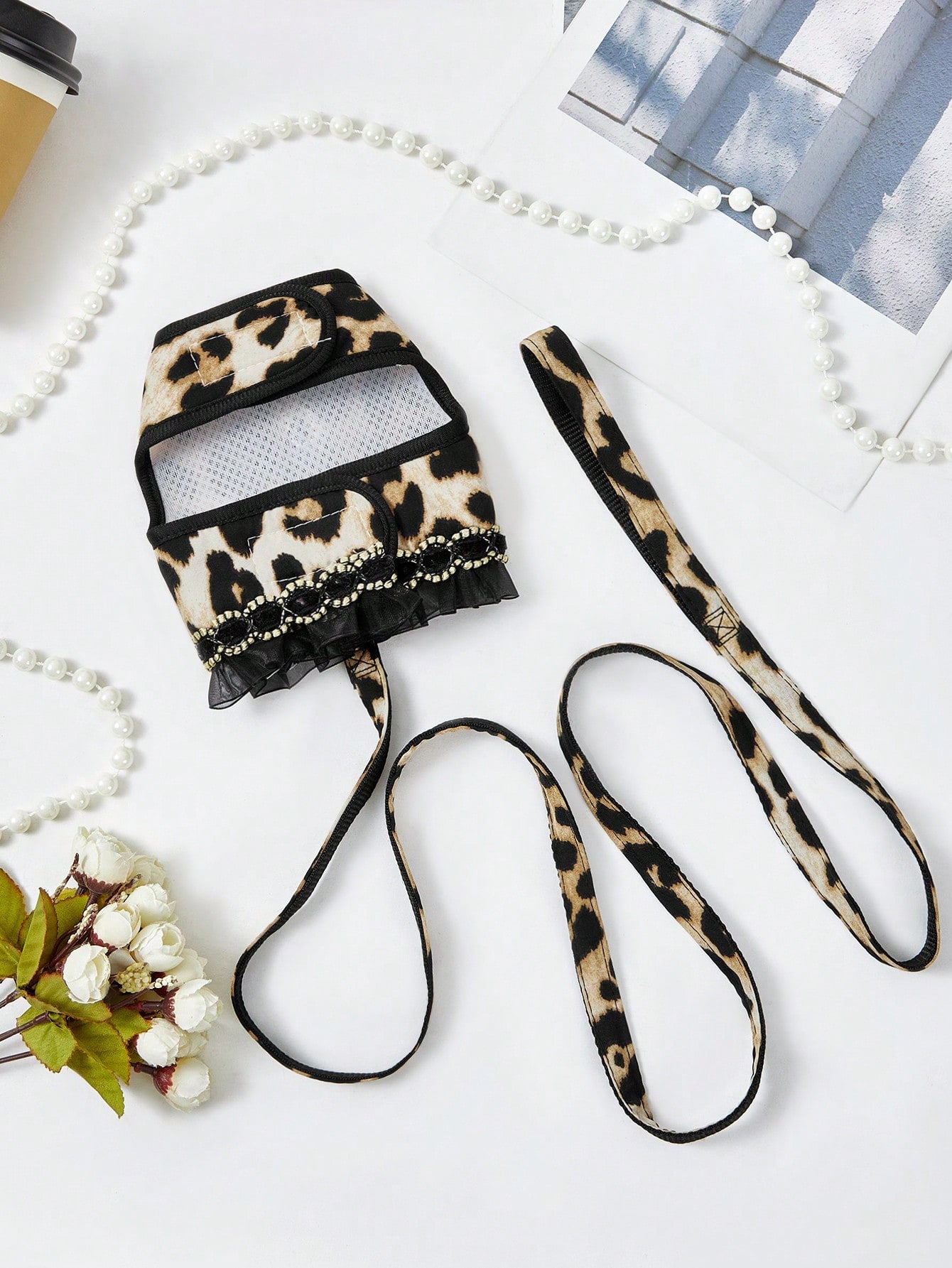 Multicolor leopard print lace edged bra cup style pet collar and leash set for cats and dogs in polyester
