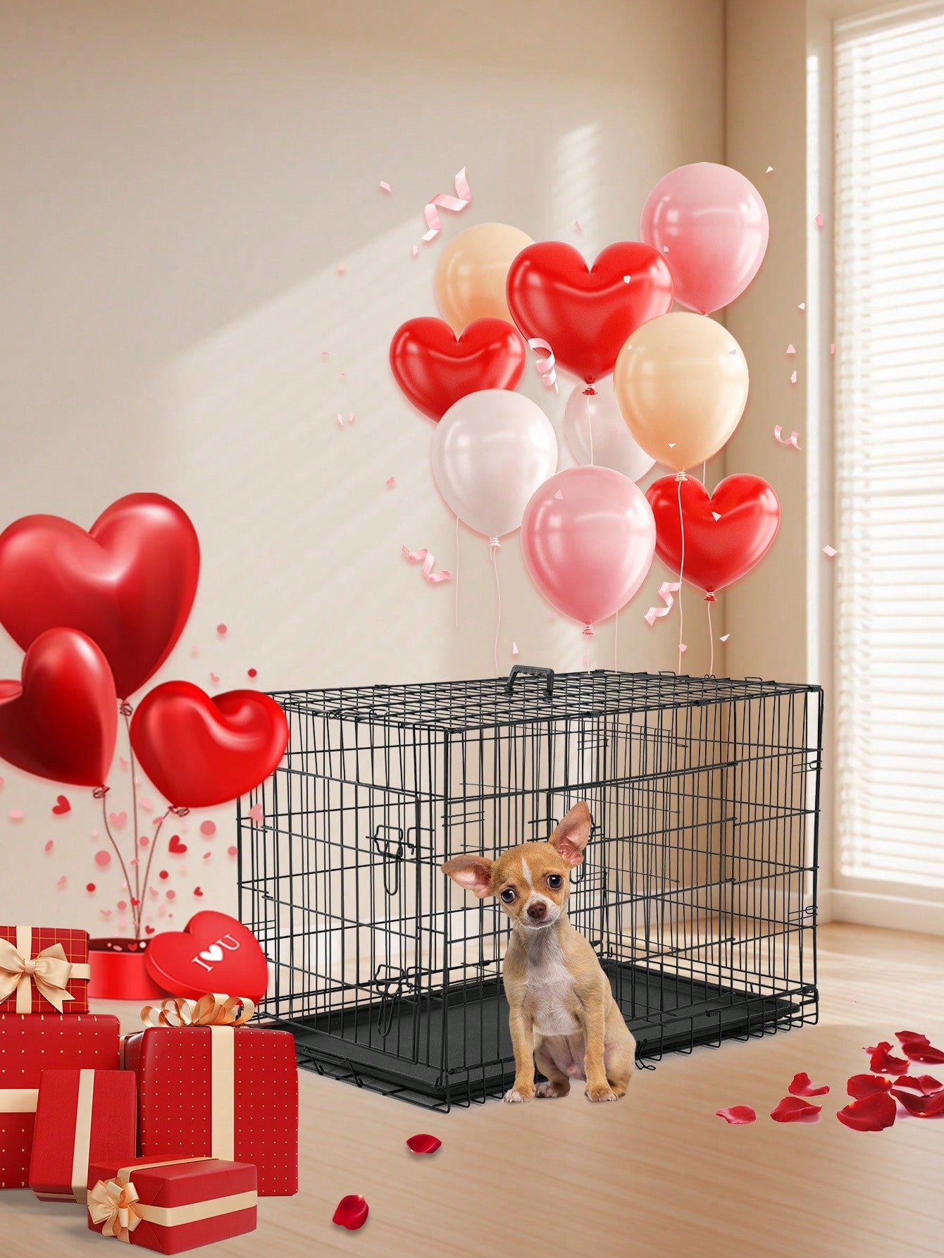Black metal wire folding dog crate featuring double doors with dual latches, a plastic tray, and a carrying handle.