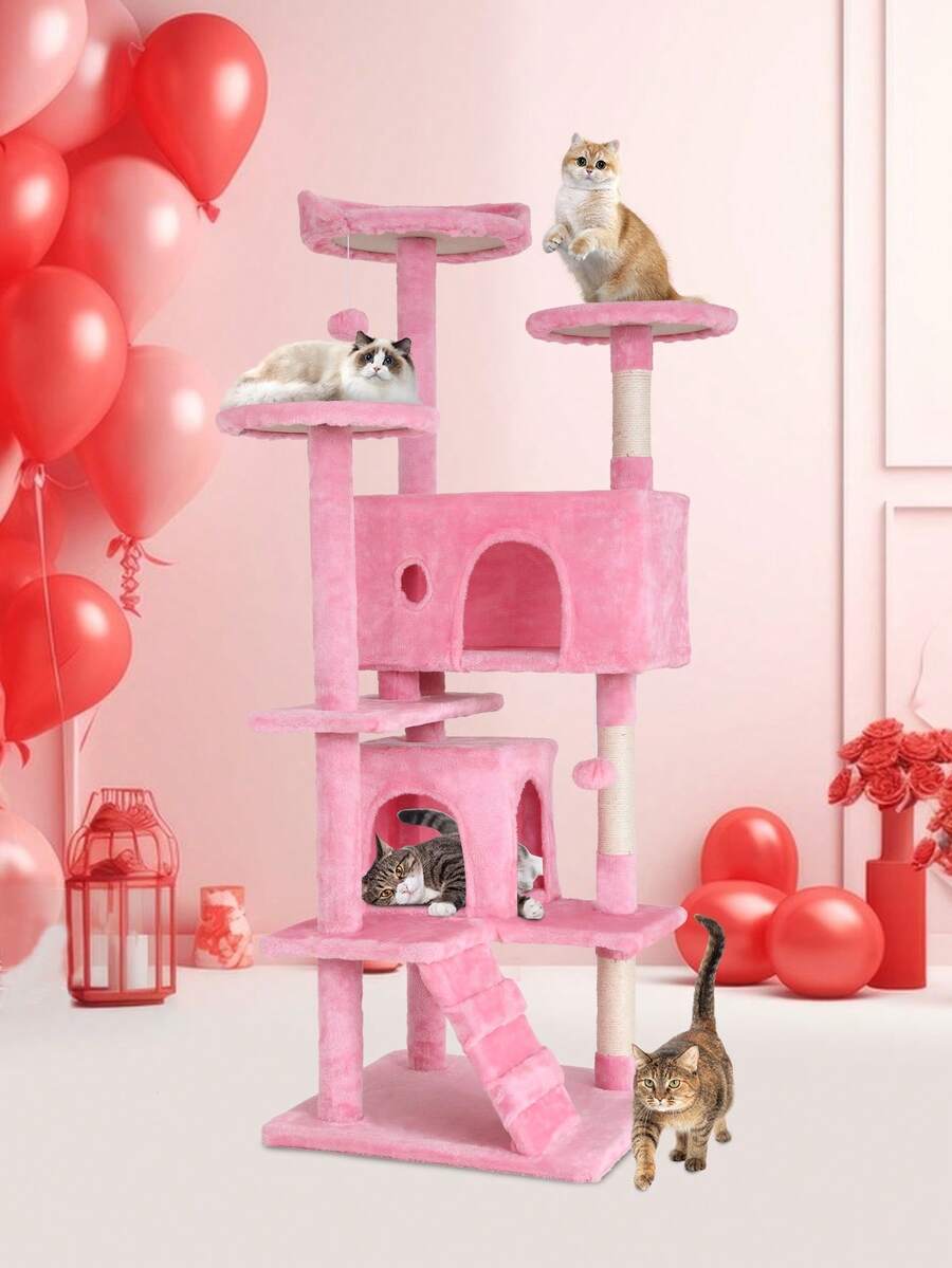 Dark gray 54-inch multi-level cat tree tower featuring 3 top perches, 2 cozy condos, scratching posts, and hanging toys for indoor cats.