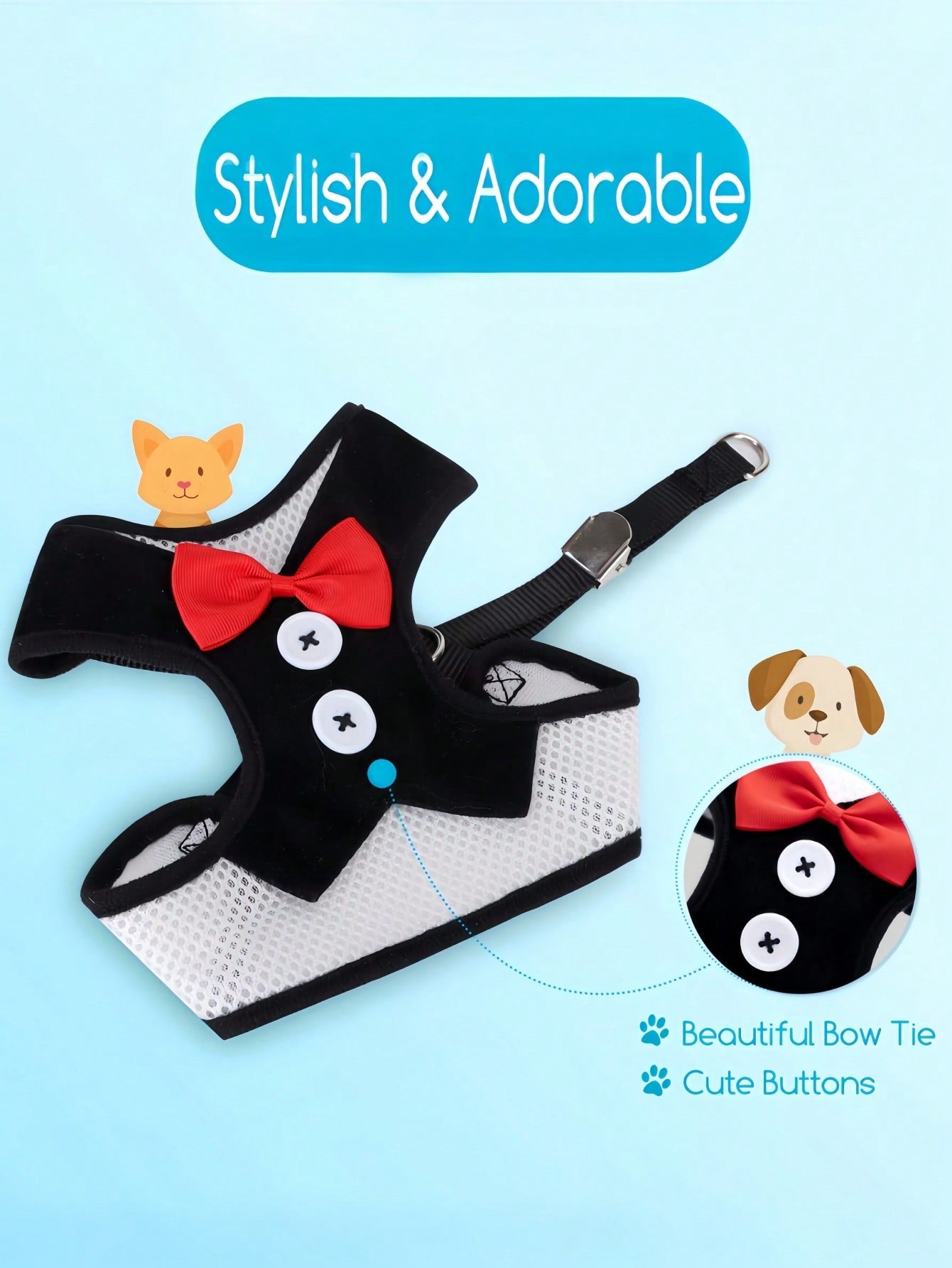 Black polyamide pet chest harness and back strap with leash for walking small and medium cats or dogs.