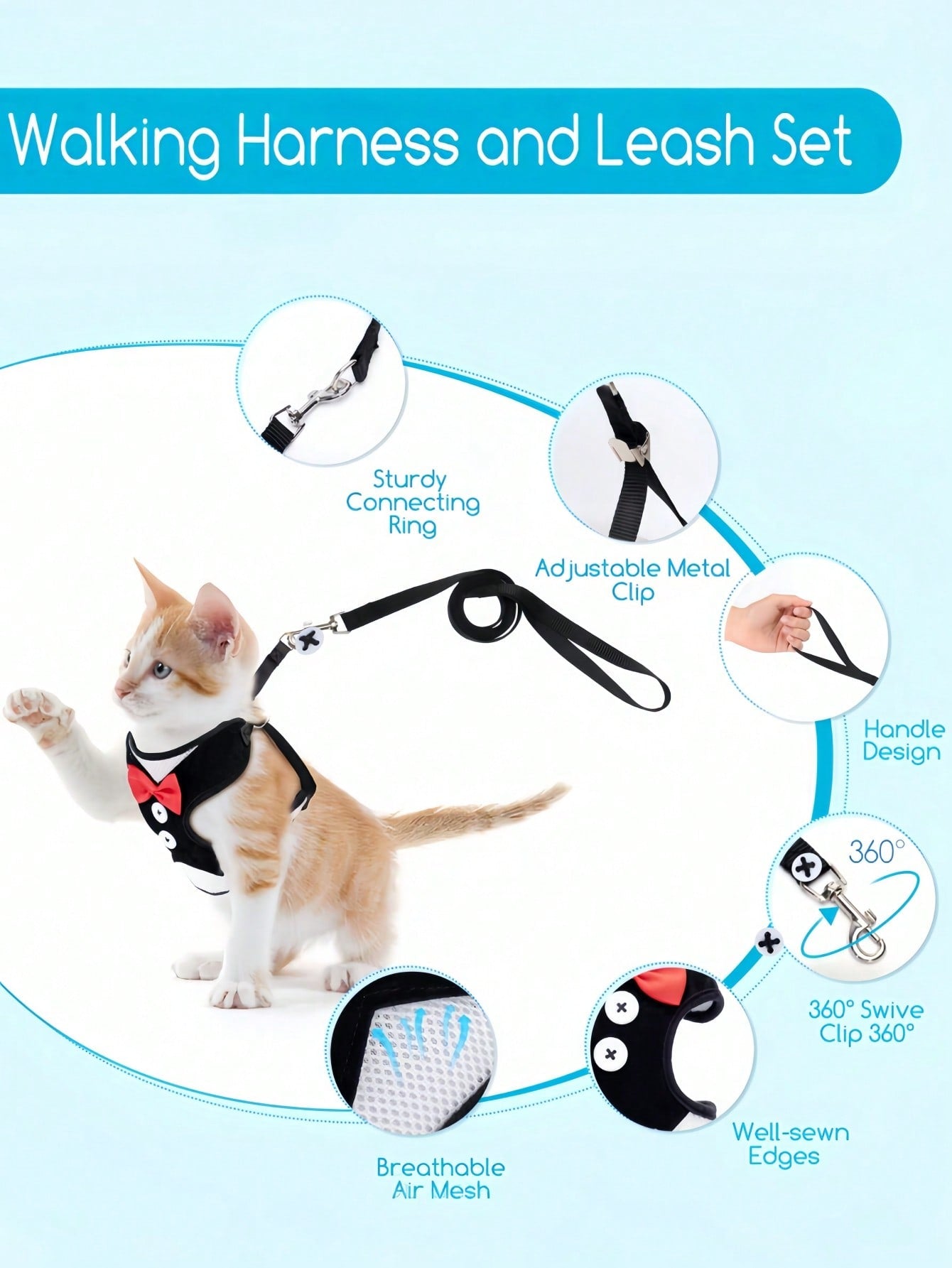 Black polyamide pet chest harness and back strap with leash for walking small and medium cats or dogs.