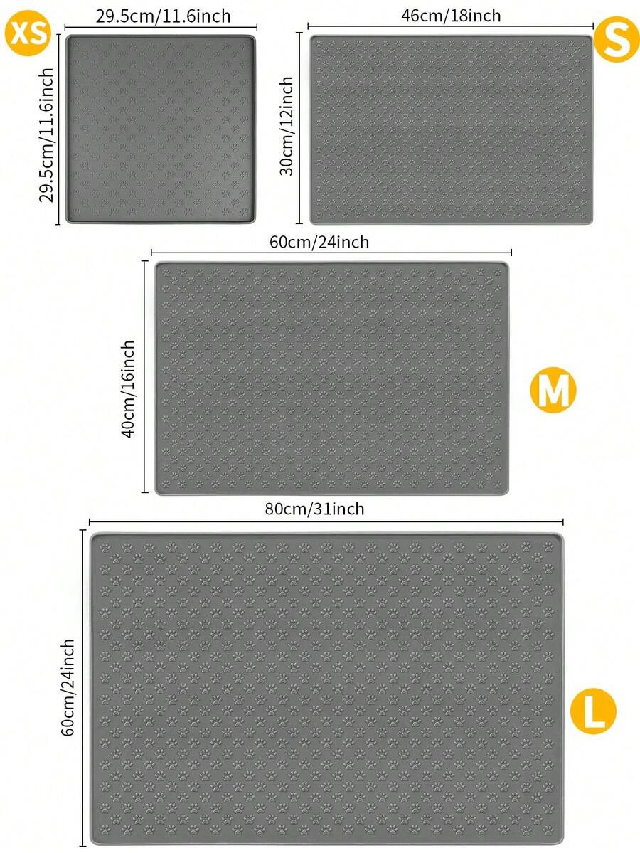 Beige silicone pet placemat with embossed paw print accents designed to catch food and water spills for dogs and cats.