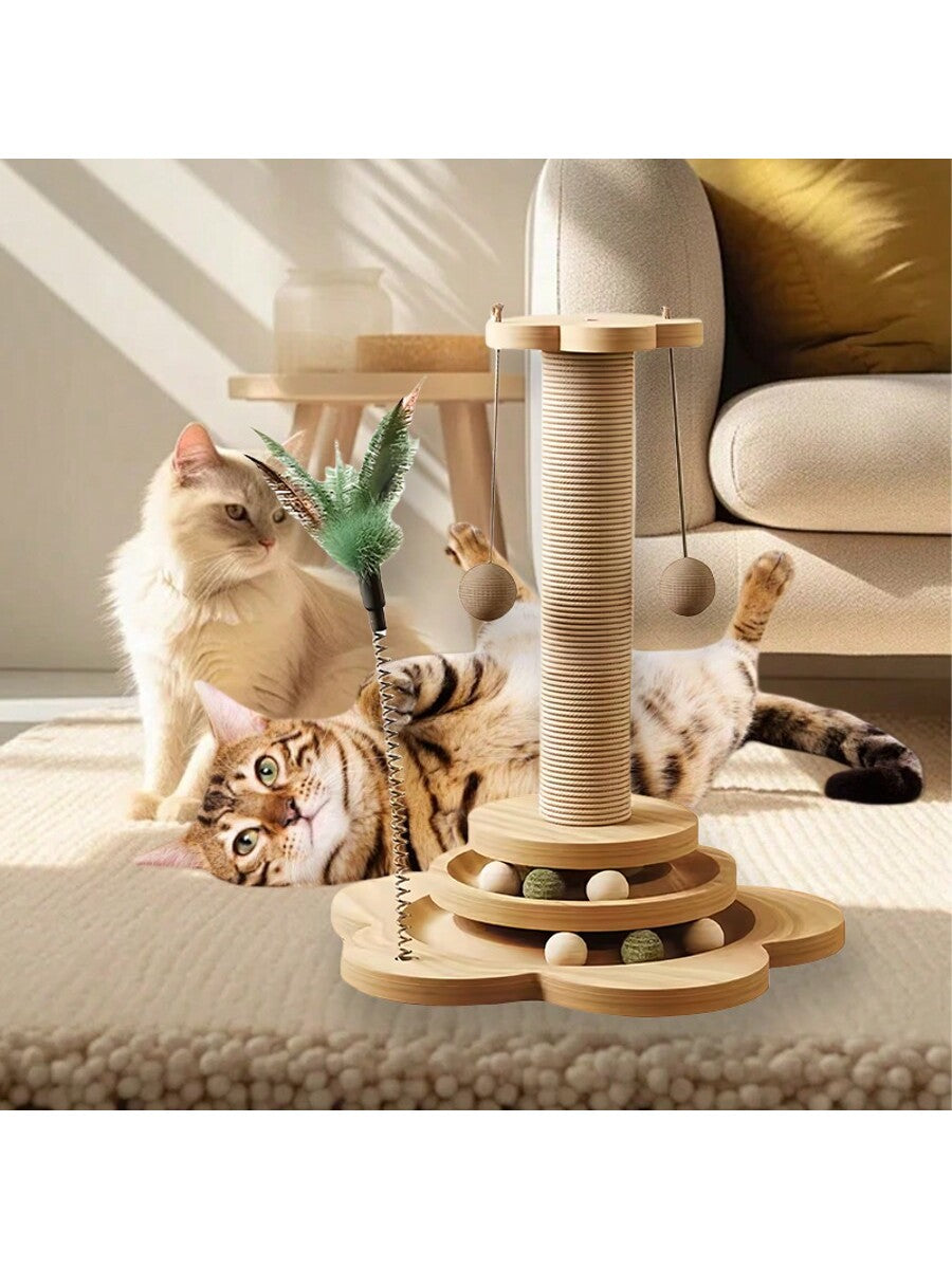 Solid wood vertical sisal cat scratching post climbing tree with interactive turntable toy