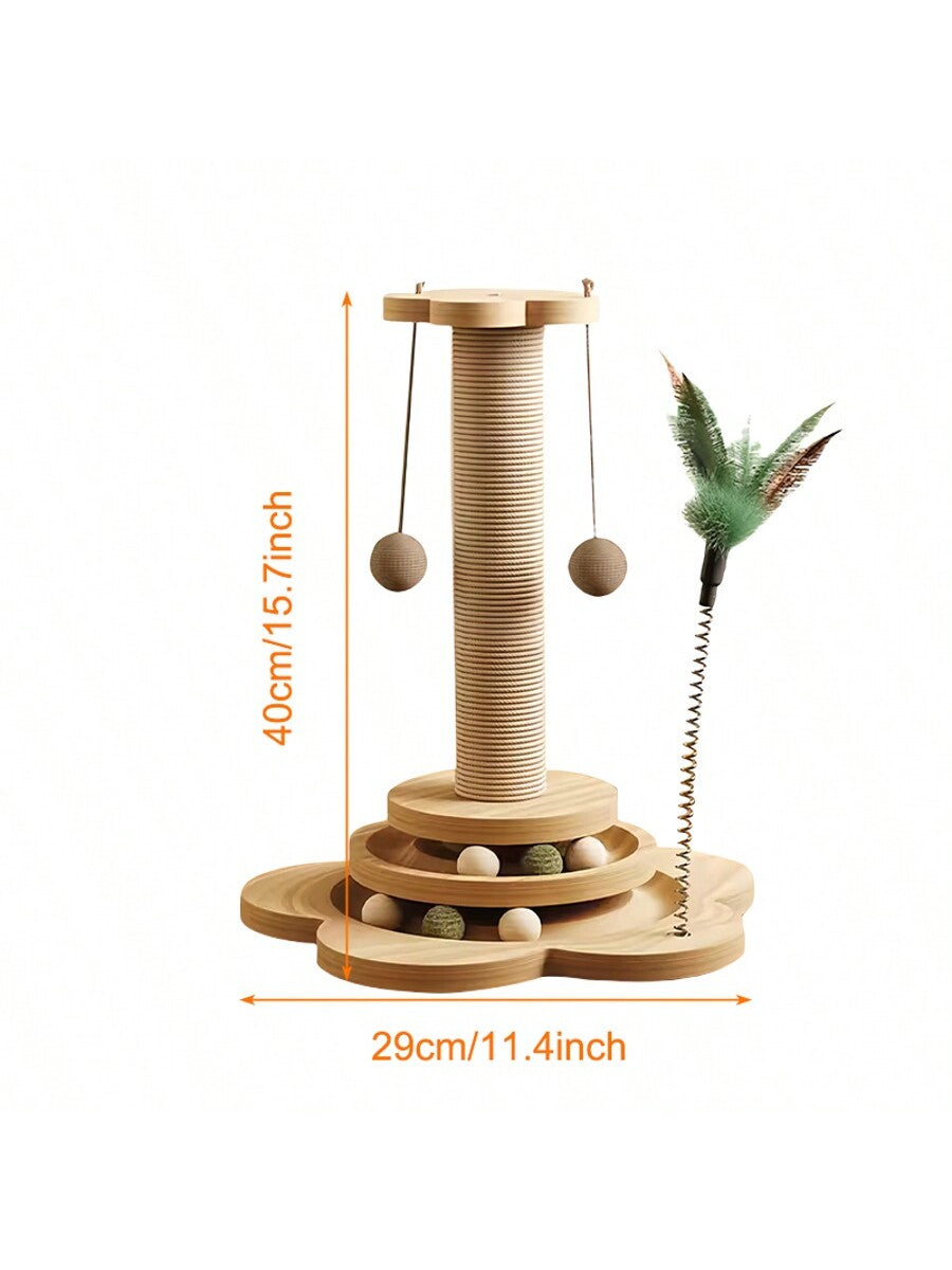Solid wood vertical sisal cat scratching post climbing tree with interactive turntable toy