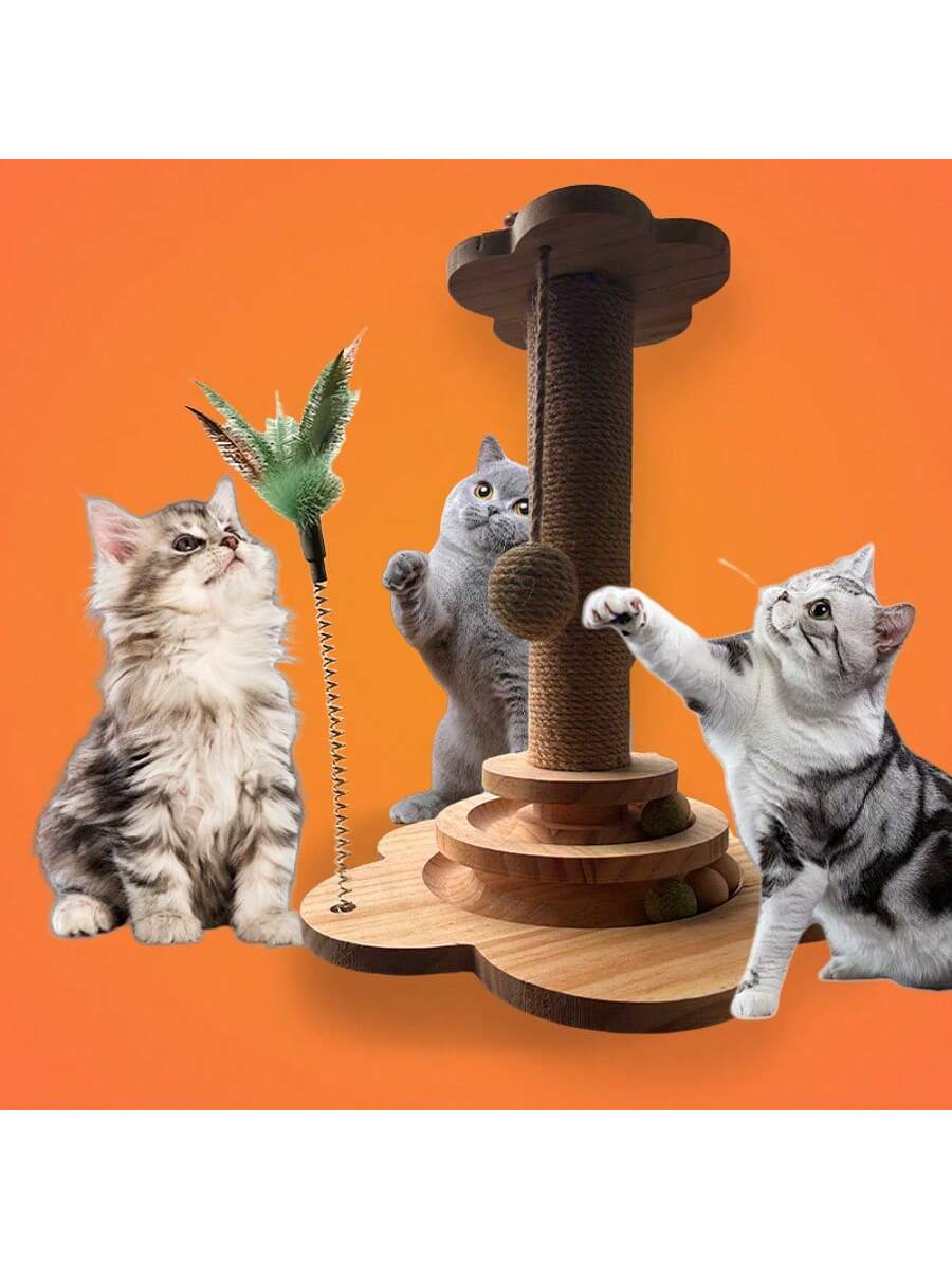 Solid wood vertical sisal cat scratching post climbing tree with interactive turntable toy
