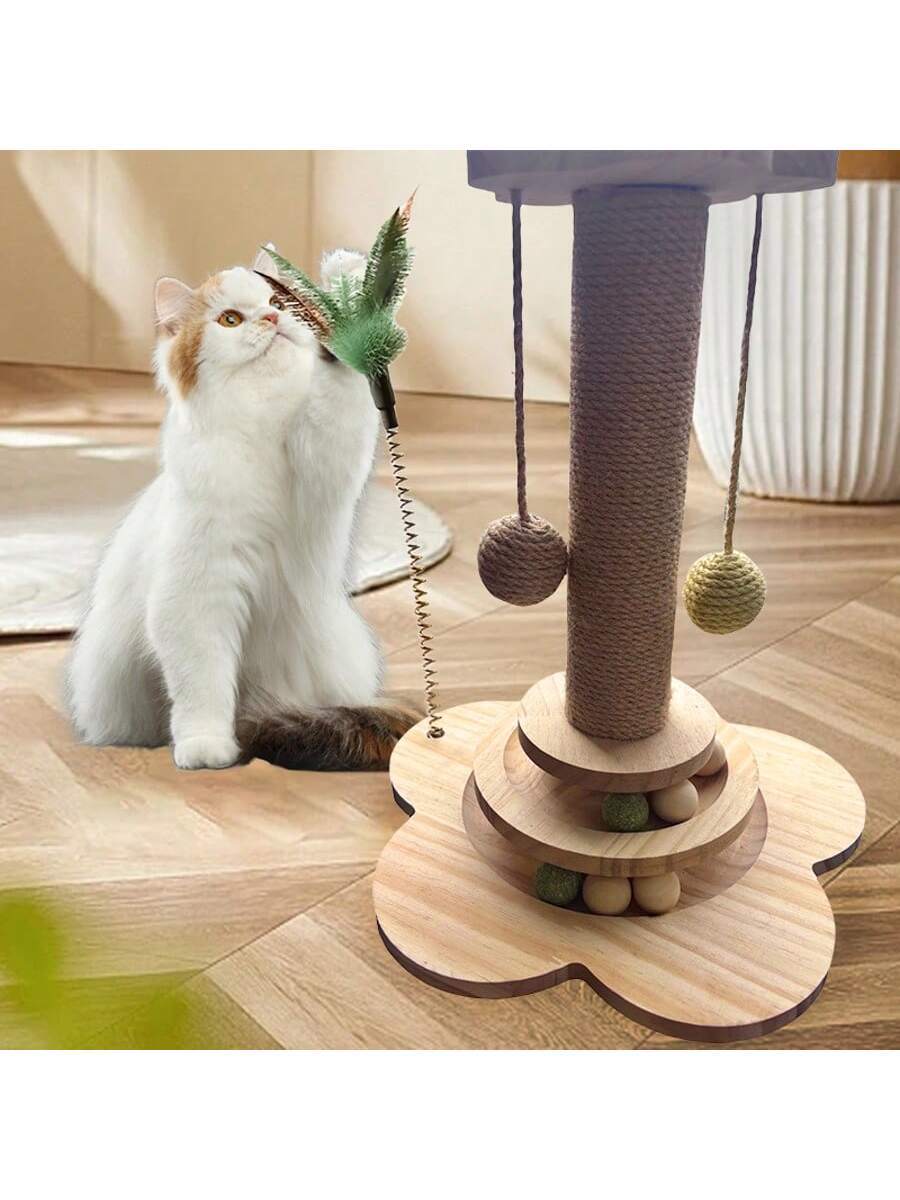 Solid wood vertical sisal cat scratching post climbing tree with interactive turntable toy