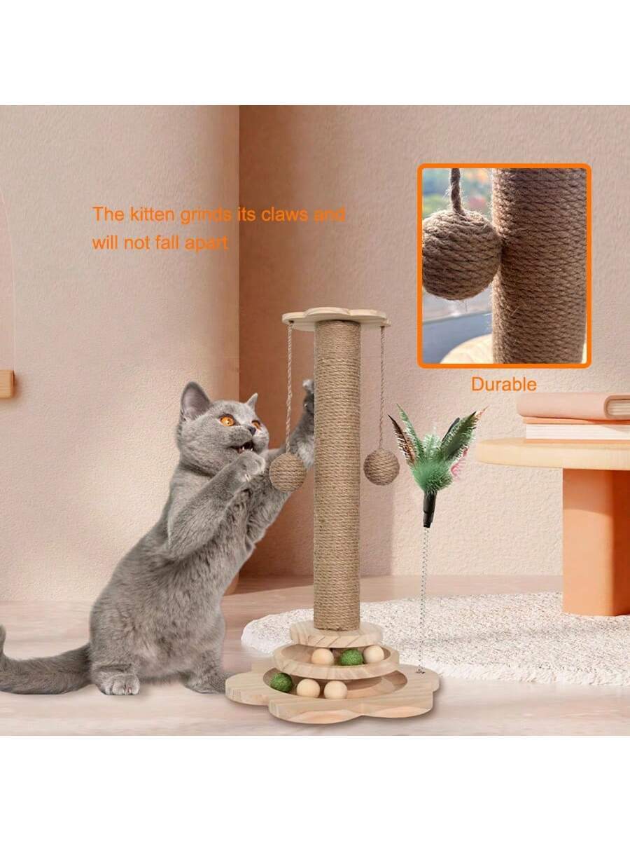 Solid wood vertical sisal cat scratching post climbing tree with interactive turntable toy
