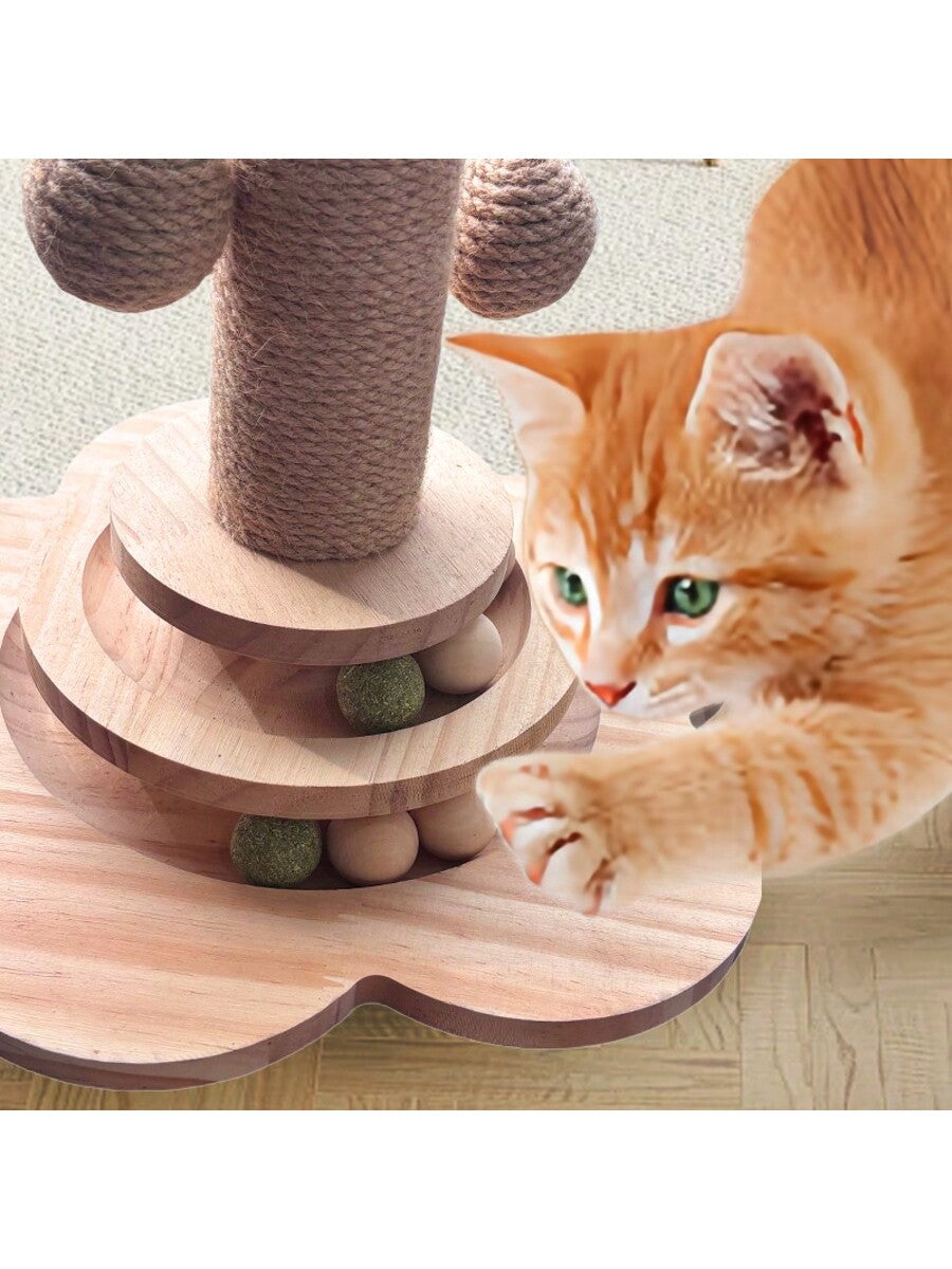 Solid wood vertical sisal cat scratching post climbing tree with interactive turntable toy