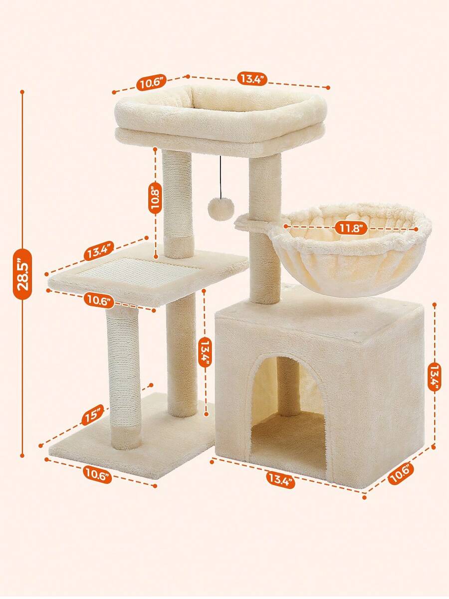 Beige 28.5-inch small cat tree for indoor cats featuring a removable top perch, deep hammock, cozy condo, and natural sisal scratching posts.