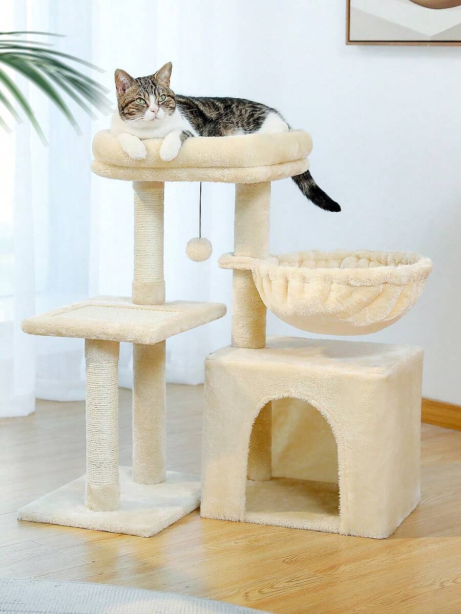 Beige 28.5-inch small cat tree for indoor cats featuring a removable top perch, deep hammock, cozy condo, and natural sisal scratching posts.