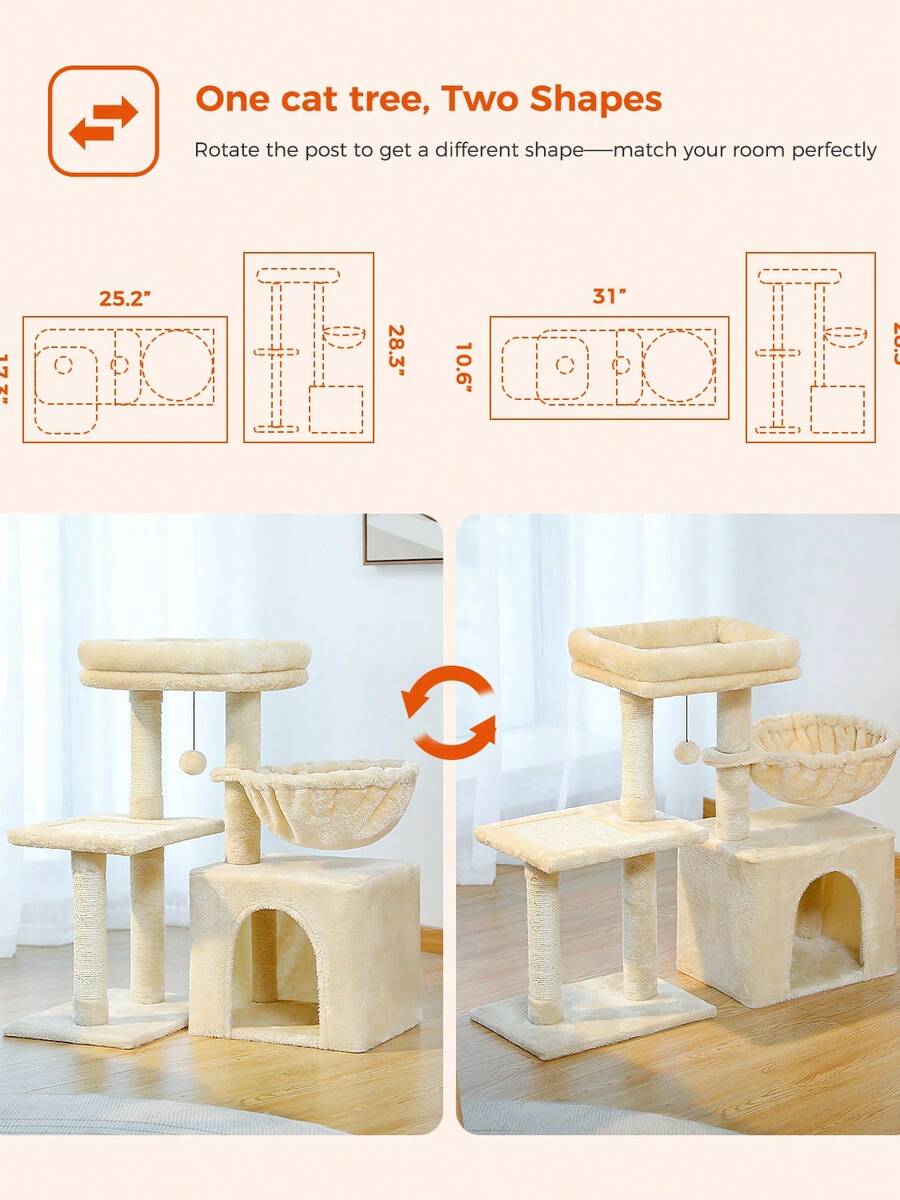 Beige 28.5-inch small cat tree for indoor cats featuring a removable top perch, deep hammock, cozy condo, and natural sisal scratching posts.