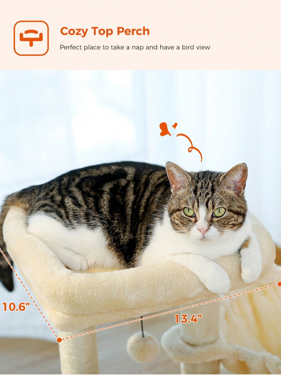 Beige 28.5-inch small cat tree for indoor cats featuring a removable top perch, deep hammock, cozy condo, and natural sisal scratching posts.